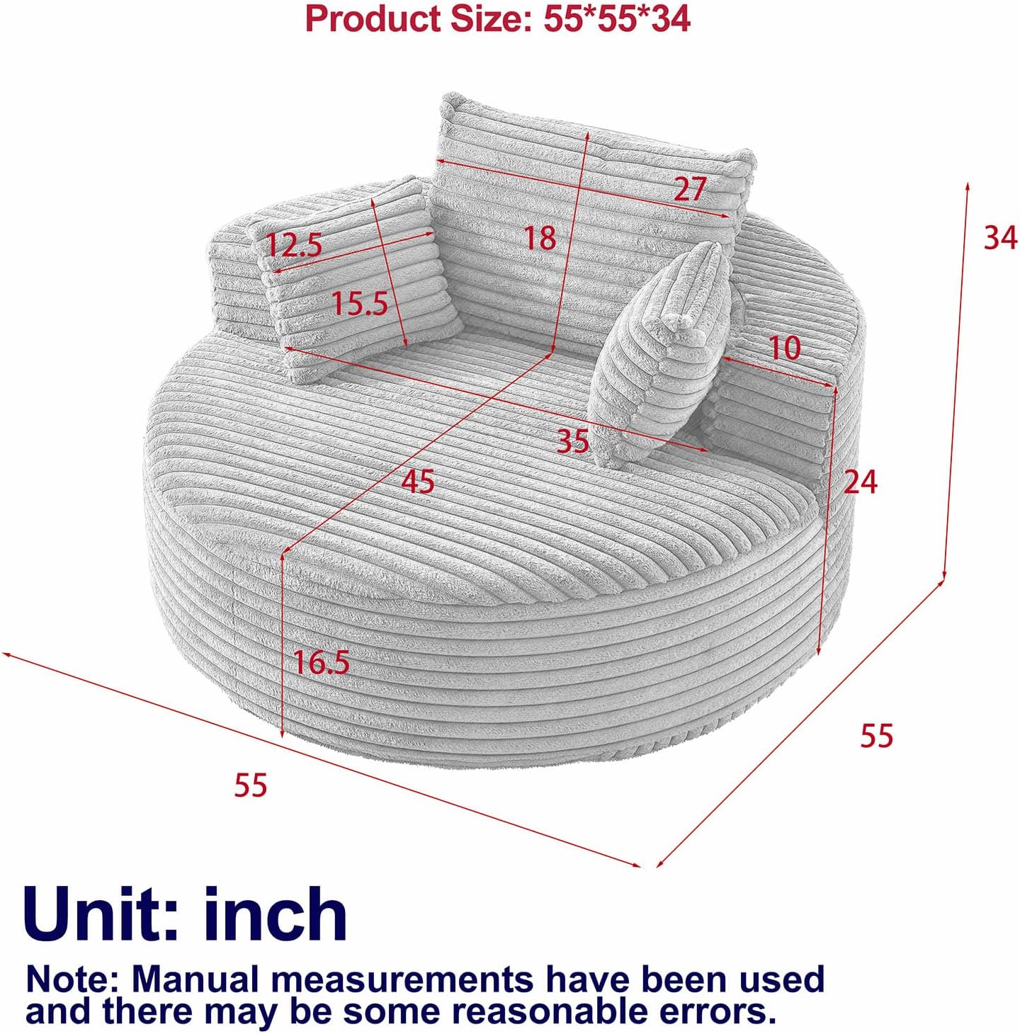 55" L Corduroy Sponge Single Sofa, Oversized Round Chair, Fluffy Modern Sleeper Chairs for Living Room, Lounge and Projection Room, Wide Armrest Lounge Chairs, Armchair with Pillow White