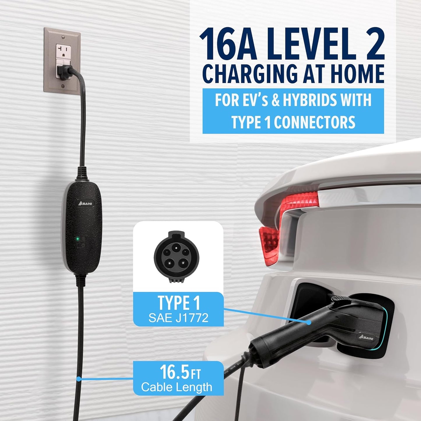 Asani Level 1 & 2 EV Charger - Type 1-110-240V at 16 Amps - 16.5ft Portable Electric Vehicle EV Charger with NEMA 6-20 with NEMA 5-15 Adapter Plug for J1772 Electric Cars