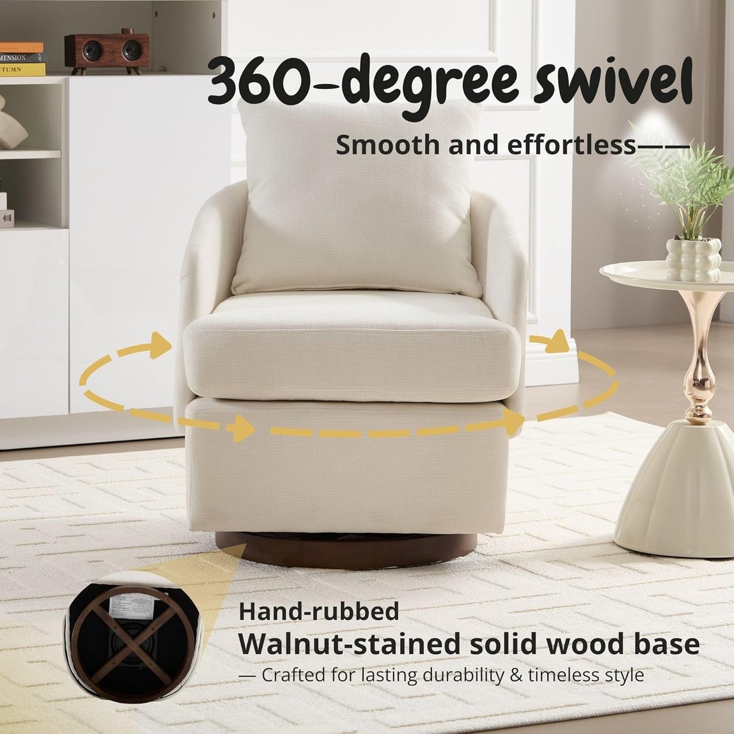 Beige Swivel Accent Chair,Comfy 360-Degree Swivel Barrel Chair with Back Pillow Living Room Bedroom Accent Arm Chairs Small Modern Upholstered Single Office Club Sofa Chair,Chenille