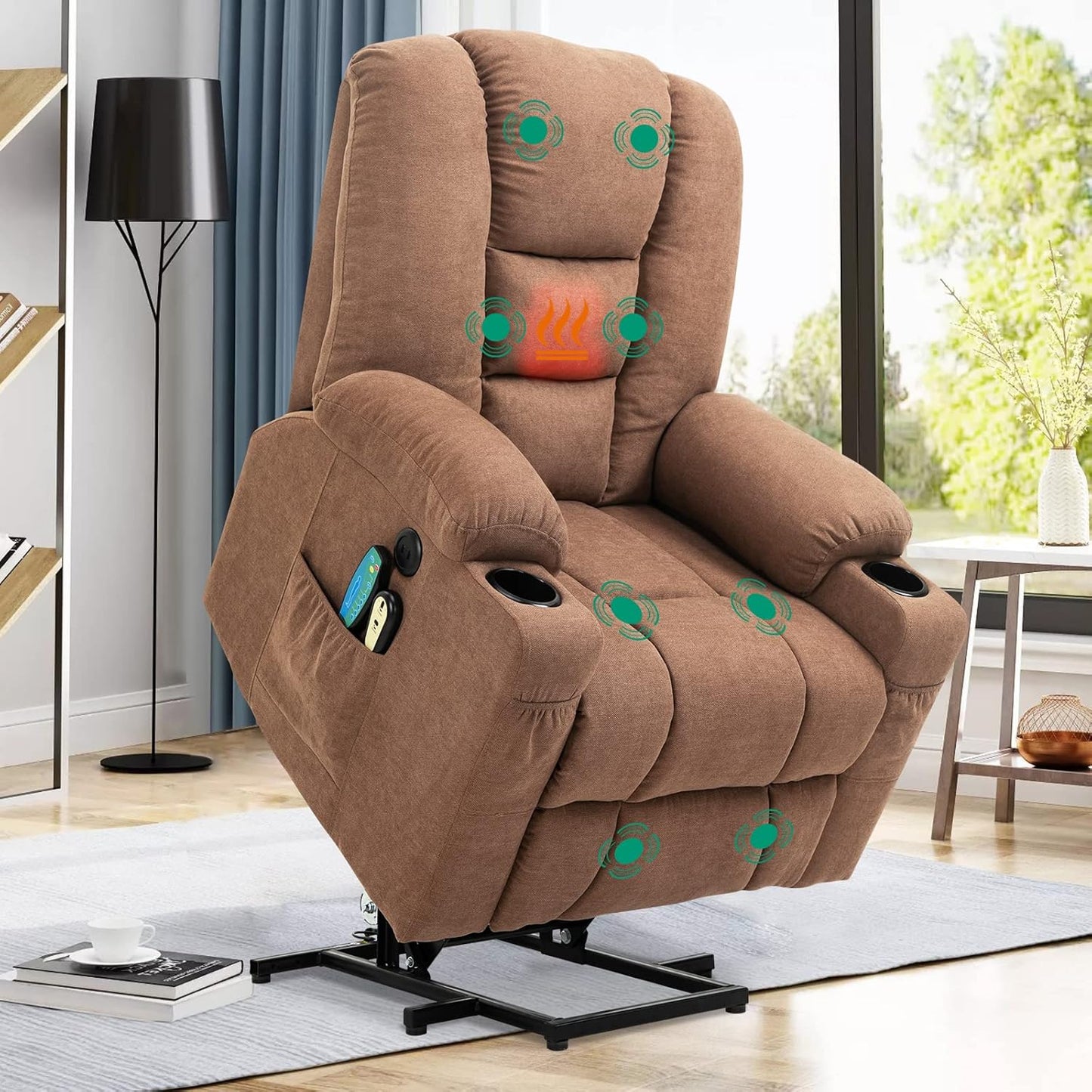 VIVIJASON Power Lift Chair Electric Recliner for Elderly Heated Vibration Massage Faux Leather Recliner Chair with 2 Remote Controls, Cup Holders, Side Pockets & USB Ports for Living Room (Black)