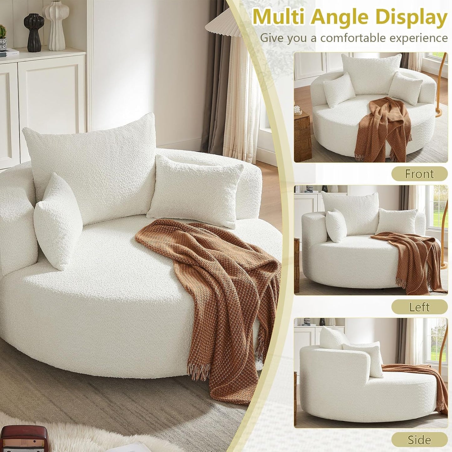 55" Oversized Round Swivel Chaise Longue Chair Indoor, Modern 360 Degree Swivel Upholstered Chenille Deep Seat Circle Comfy Single Cloud Sofa Chair for Living Room Bedroom Apartment Office, Beige
