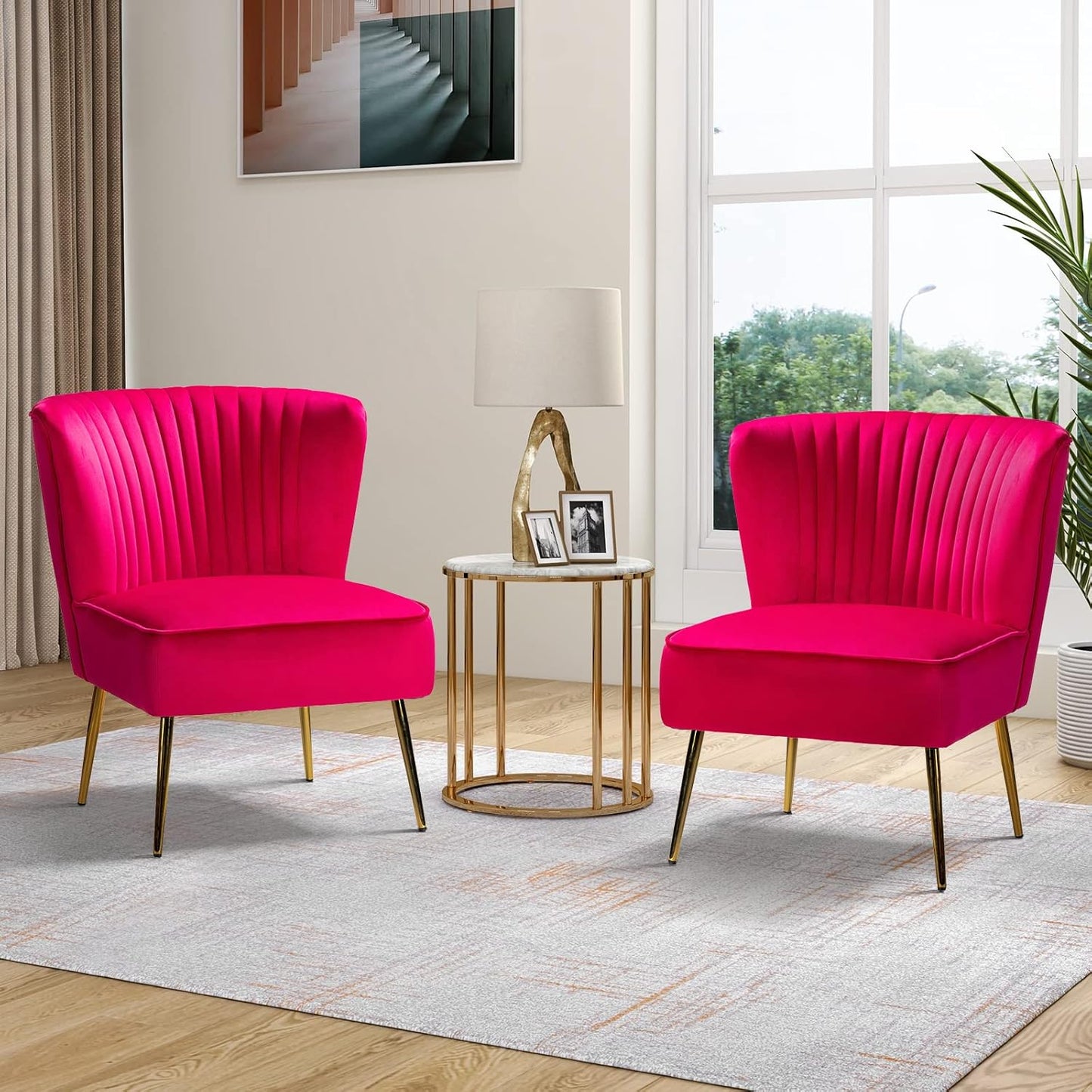 TINA'S HOME Velvet Accent Chair Set of 2 with Metal Golden Legs, Upholstered Armless Slipper Chair with Wingback, Mid Century Side Chair for Living Room Bedroom Makeup Vanity- Red