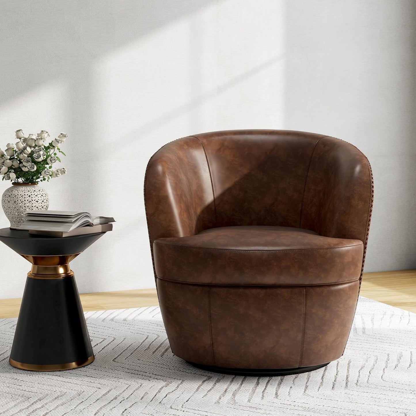 Swivel Barrel Chair, Modern Round PU Leather Accent Armchair for Living Room, Bedroom, Oversized Comfy Club Reading Chairs for Adults (Leather Red Brown, Set of 1)