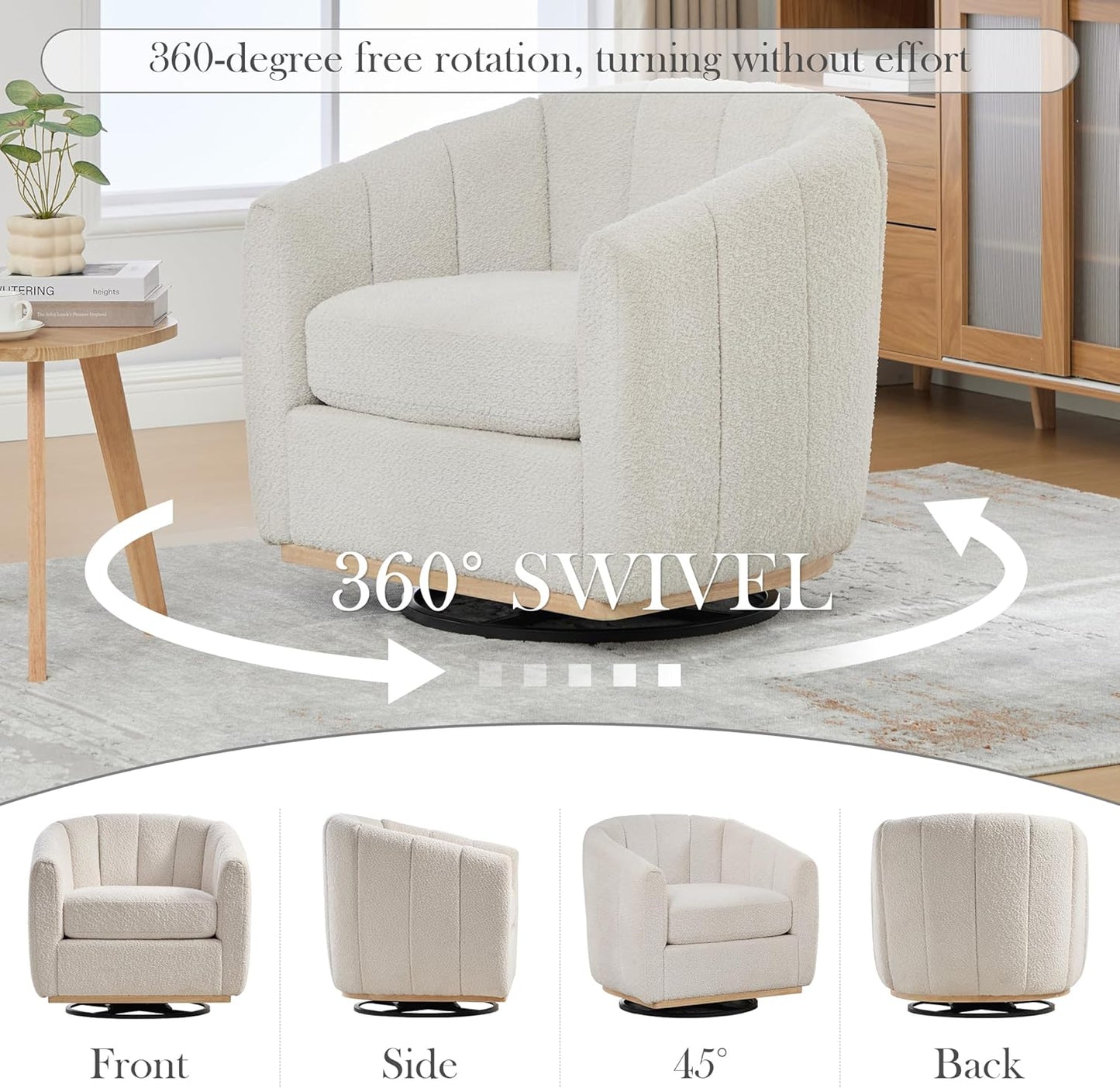 Aoiy & Wifon 32.33" W Swivel Accent Barrel Chair, Round Living Room Swivel Chair, Boucle, Ivory