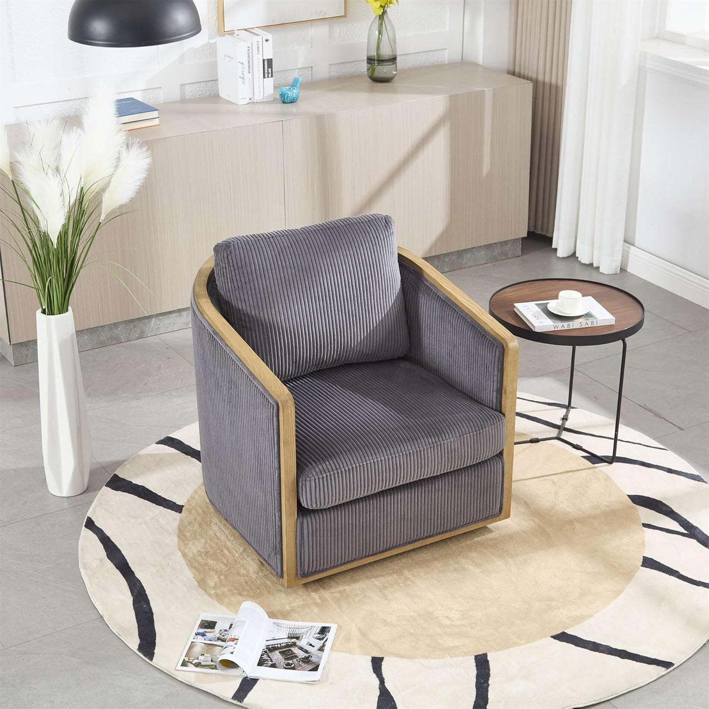 SZLIZCCC 360 Degree Swivel Barrel Chair, Round Accent Chair, Living Room Swivel Accent Sofa Chair, Club Lounge Armchair for Living Room Bedroom Office (Beige Corduroy)