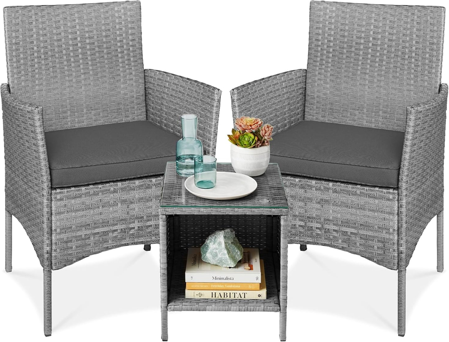 Best Choice Products 3-Piece Outdoor Wicker Conversation Bistro Set, Space Saving Patio Furniture for Garden w/Side Table - Gray/Navy