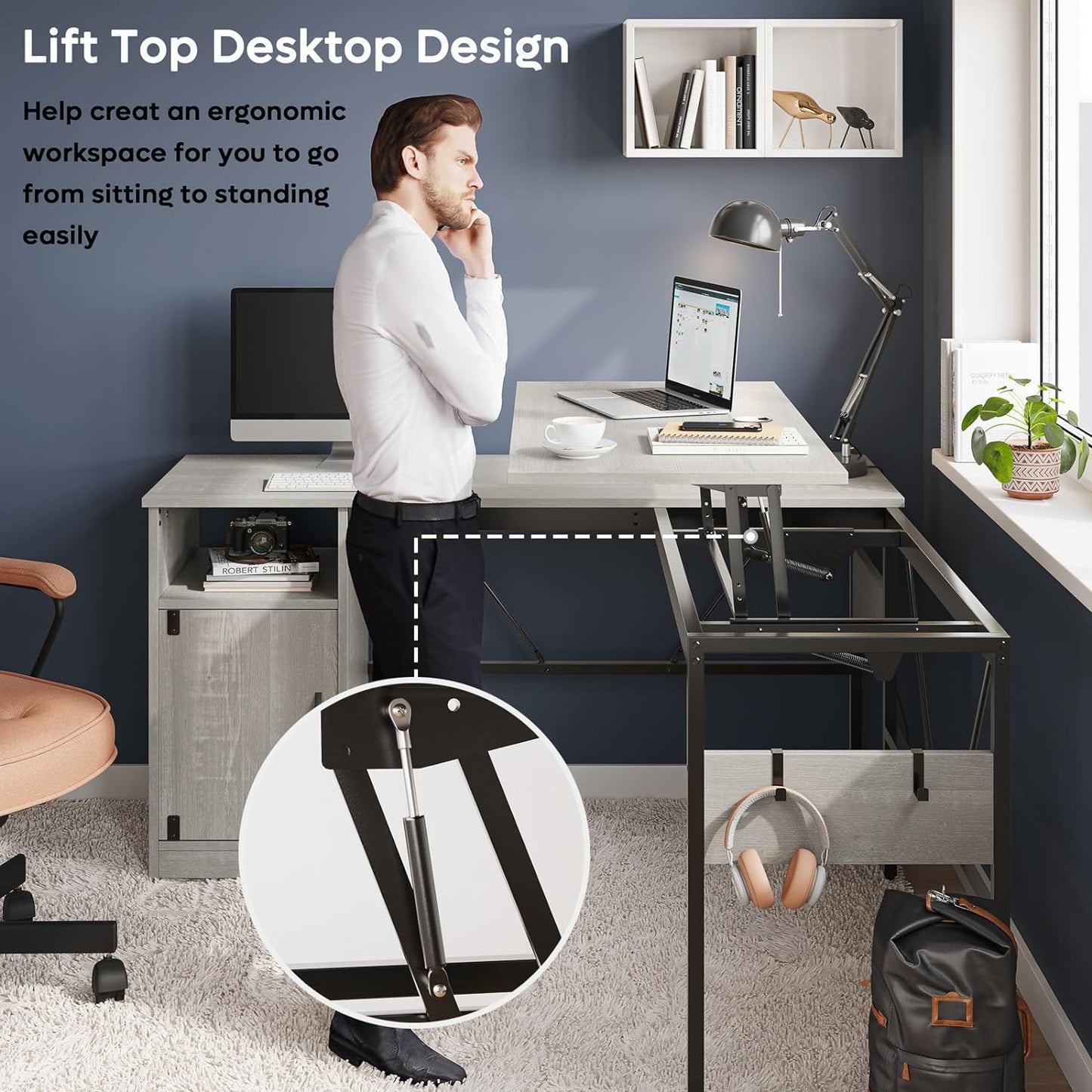 Bestier L Shaped Standing Desk Adjustable Height, 60" Corner Computer Desk with Storage File Cabinet, 95.2" Long and Large Reversible Office Desk with Lift Top, Washed White