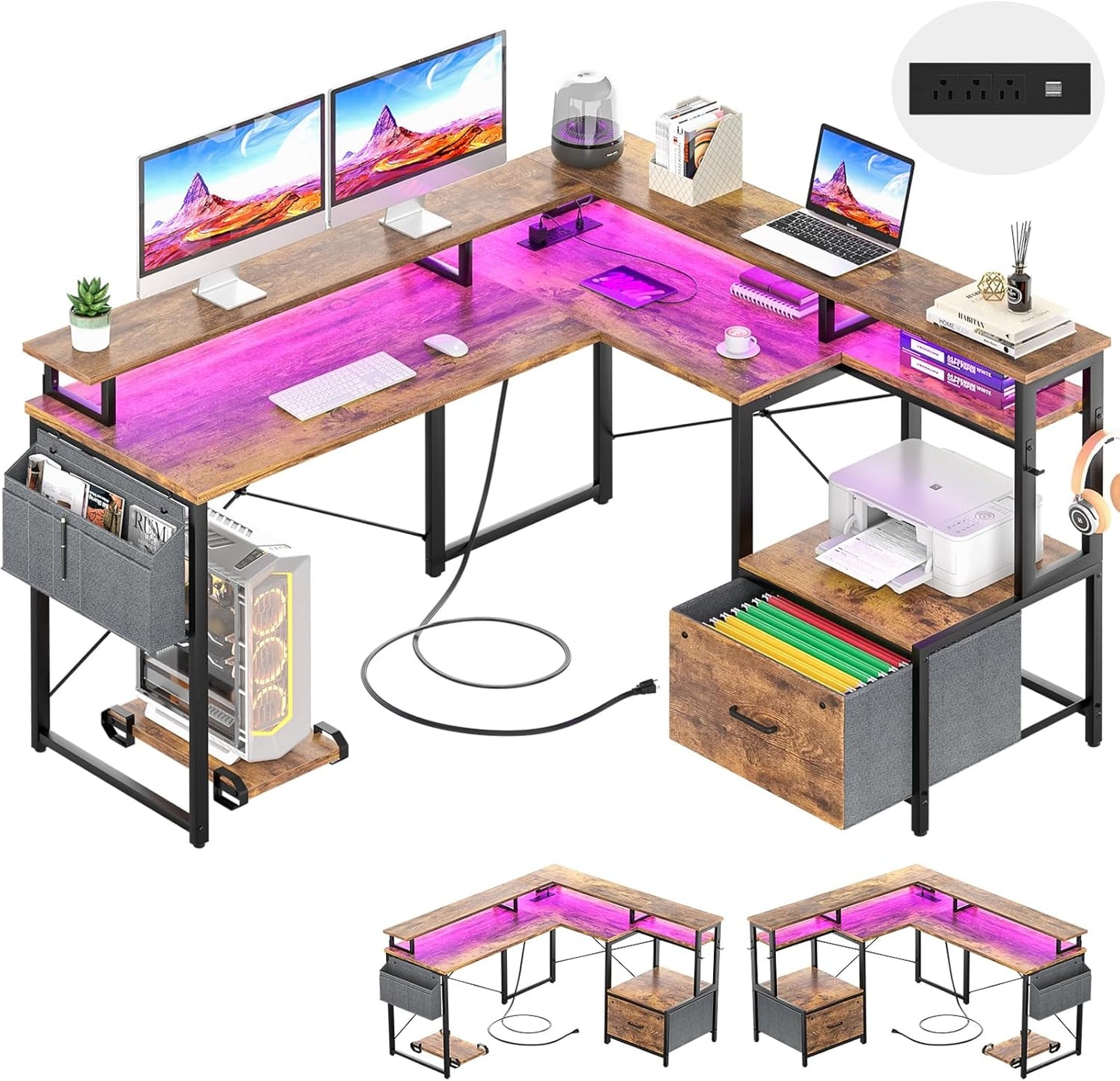 Unikito L Shaped Desk with File Drawer, Reversible L Shaped Computer Desk with Power Outlet & LED Lights, Home Office Desk Corner Desk with Monitor Shelf and Printer Cabinet, Gaming Desk, Black