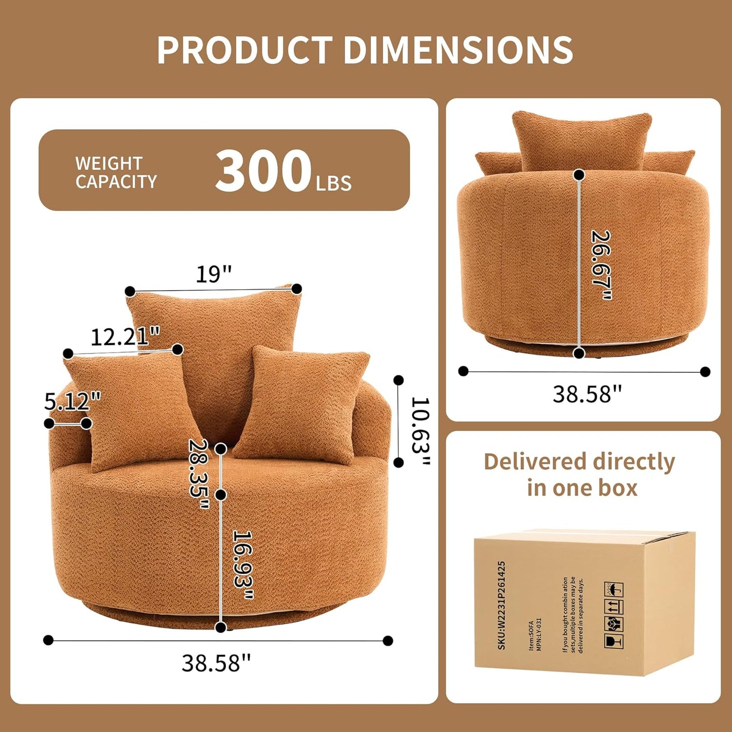 Swivel Accent Barrel Chair, 39'' W Round Swivel Accent Chair 360 Degree, Modern Comfy Single Sofa for Living Room, Bedroom, Orange