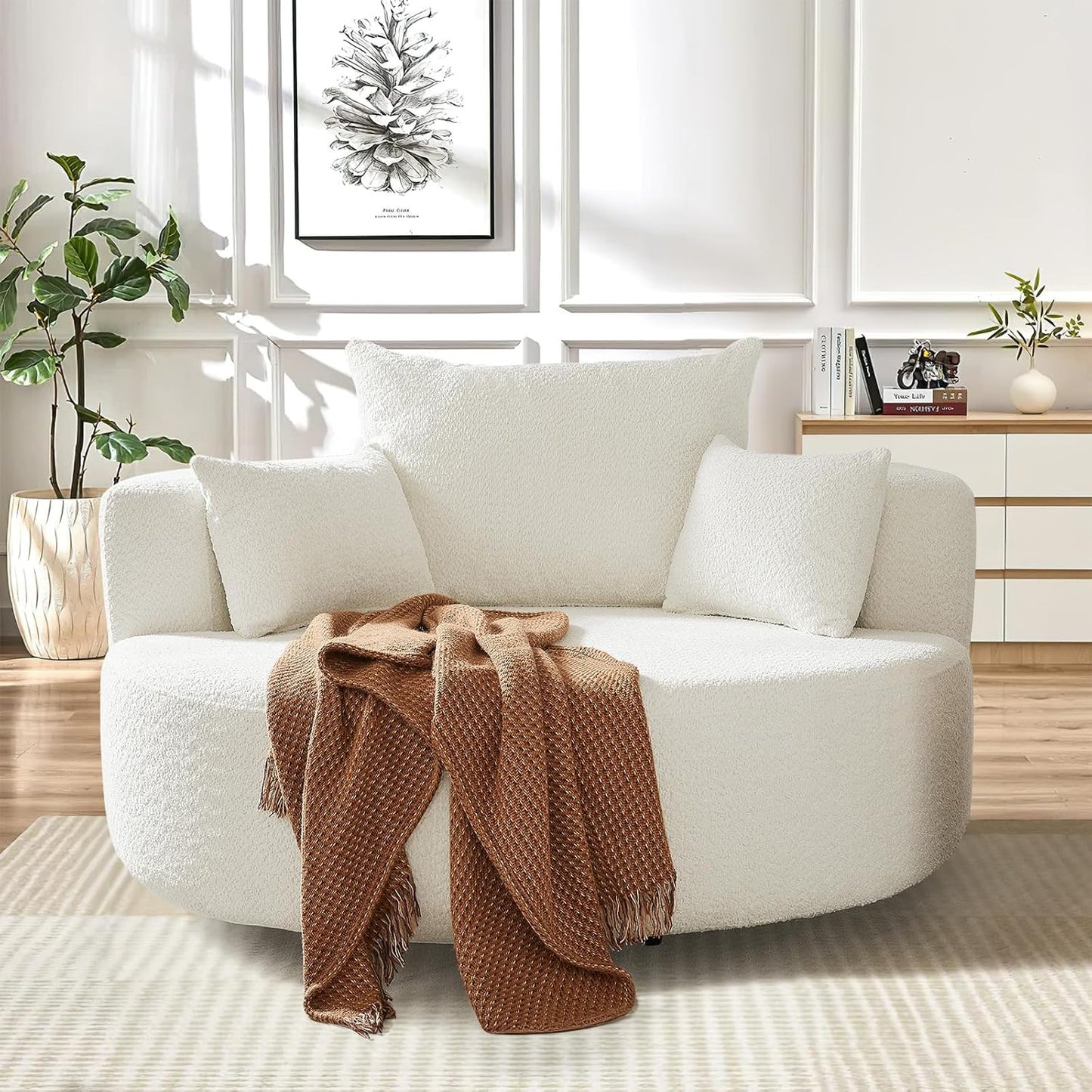 55"W Oversized Round Swivel Accent Barrel Chair,360° Rotating Upholstered Chenille Chaise Lounge Sofa Chair with Wide Armrests&Pillows,Large Modern Comfy Armchair for Living Room,Bedroom,Office(Beige)