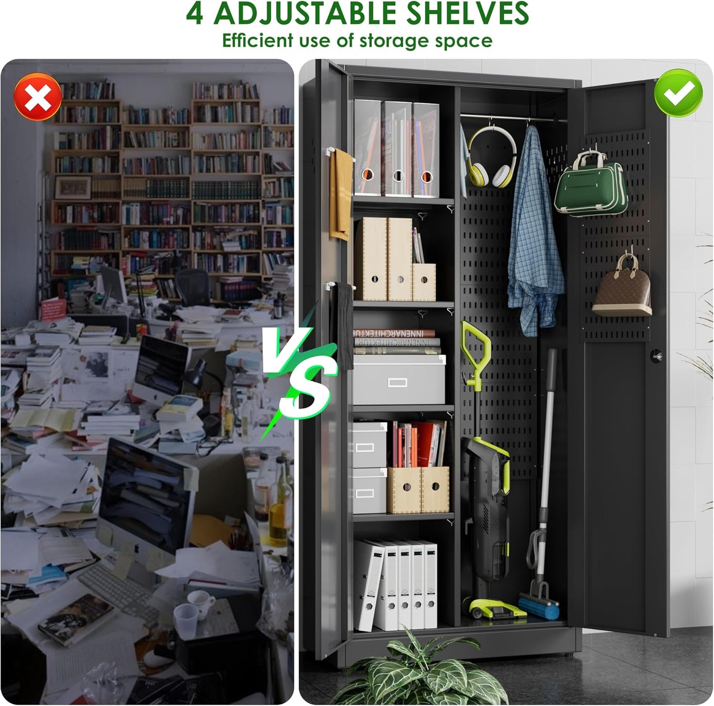 Aobabo Black Metal Cleaning Tool Storage Cabinet with Lockable Door with Keys, 71.41" H×31.53" W×15.74" D, Adjustable Shelves, Pegboard, 13 Hooks, Broom Closet Storage Cabinet for Janitorial Supplies