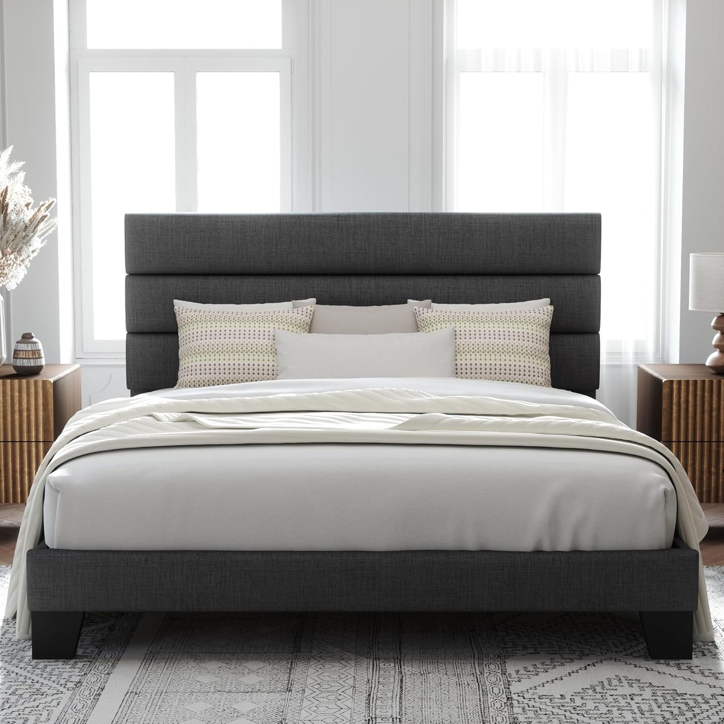 Allewie Queen Size Platform Bed Frame with Fabric Upholstered Headboard and Wooden Slats Support, Fully Upholstered Mattress Foundation/No Box Spring Needed/Easy Assembly, Dark Grey