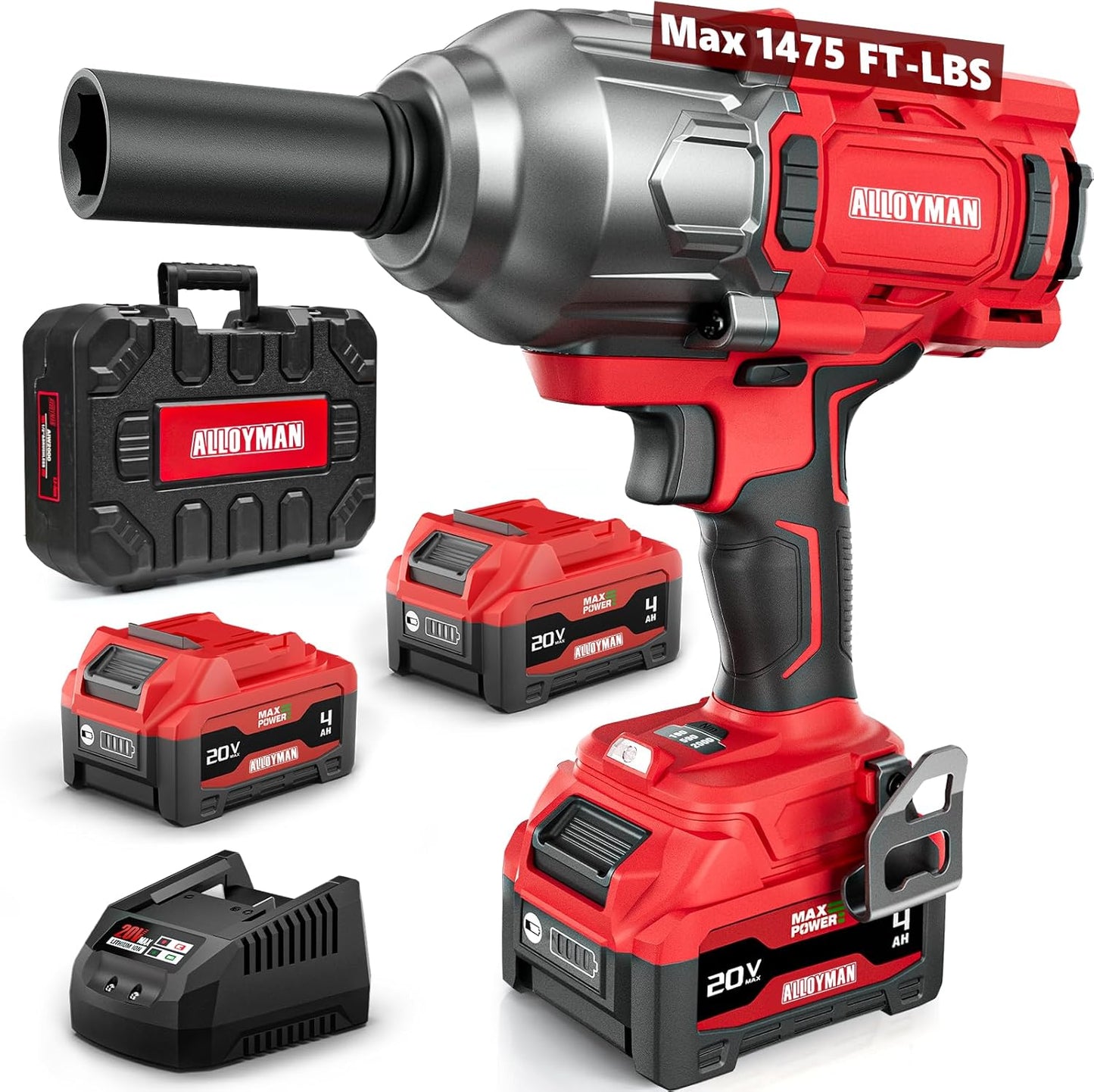 Alloyman 1/2 inch Impact Wrench Cordless, (750 N.m) 555 Ft-lbs Hight Torque Wrench,20V Power Impact Driver, Brushless Motor 2000 RPM, 2x 4.0AH Li-ion Battery,Charger,6 Sockets,3 Extension Bars