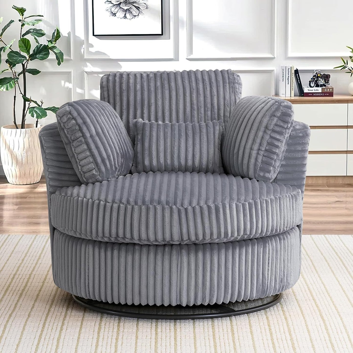 40" W Modern Grey Swivel Barrel Chair with 360° Round Metal Base & Plush Corduroy Pillows & Thick Cushion, Comfy Large Accent Chaise Longue for Living Room, Bedroom Club Reading Armchair (Gray)