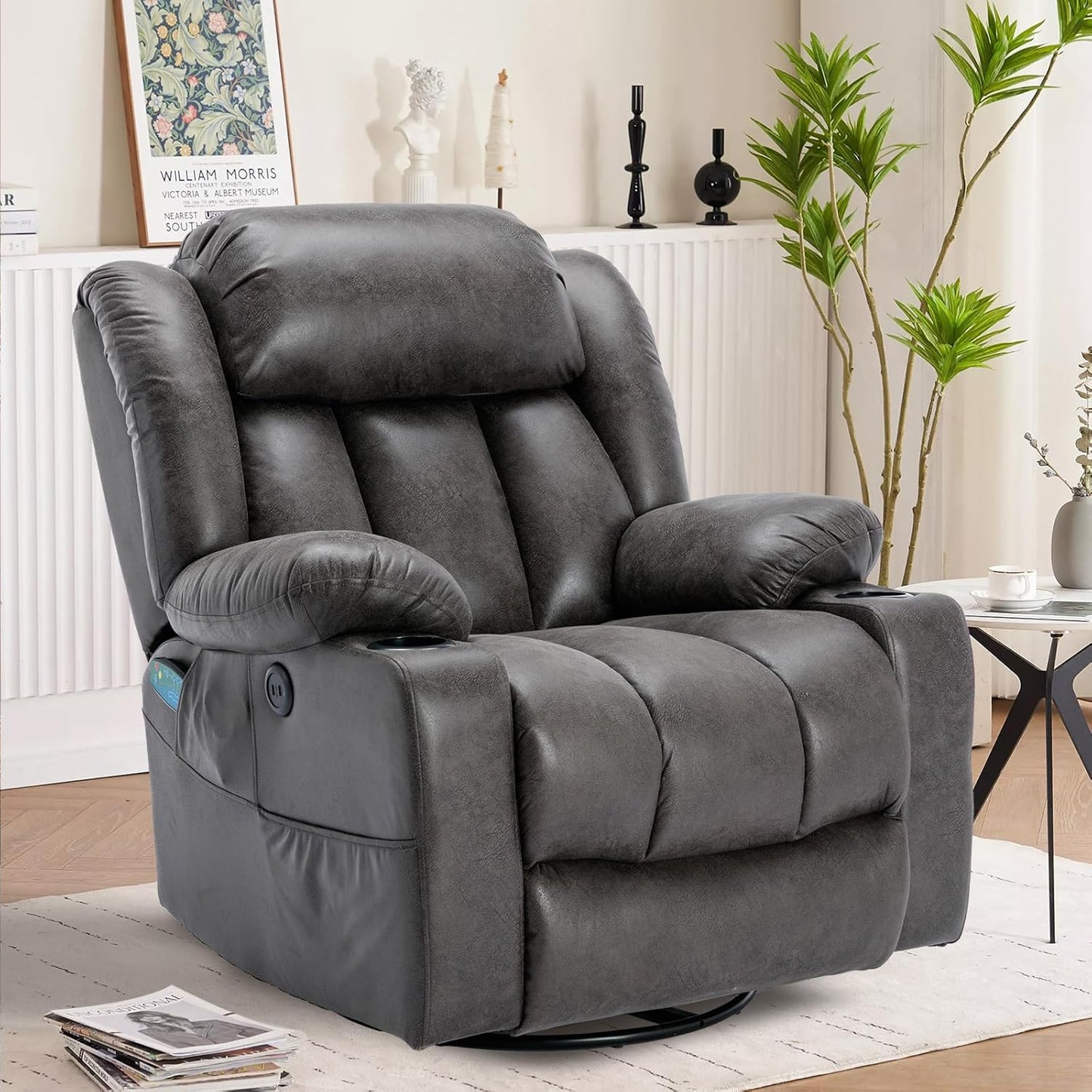 VIVIJASON Manual Swivel Rocking Glider Recliner Chair with Heat & Vibration Massage, 360° Swivel Overstuffed Reclining Chair with 2 Cup Holders, Side Pockets & USB Ports for Living Room, Plush Gray