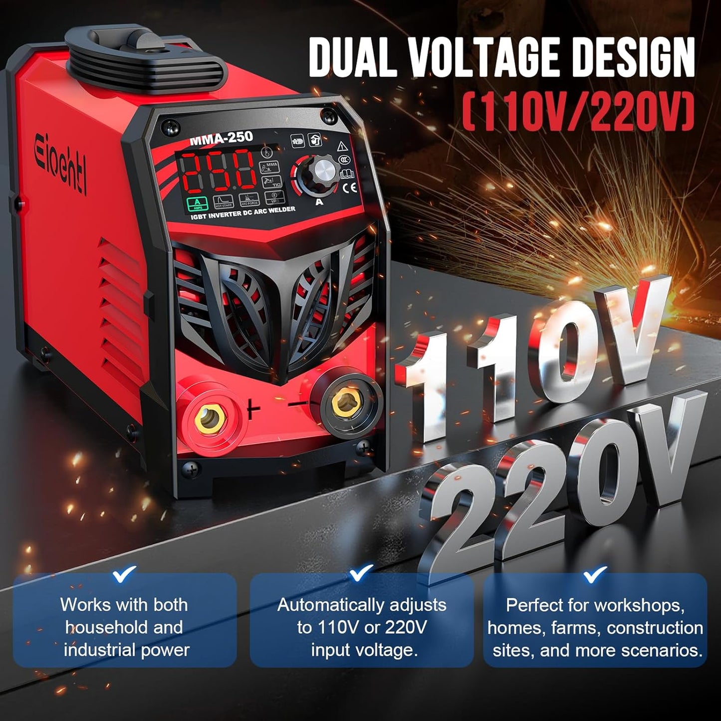 250Amp Stick Welder 110V/220V Dual Voltage, with LED Display ARC Welding Machine w/Hot Start, IGBT Inverter, Portable Welder with Complete Kit (10 Rods, Clamps, Gloves), Anti-Stick for Home/Diy/Farm