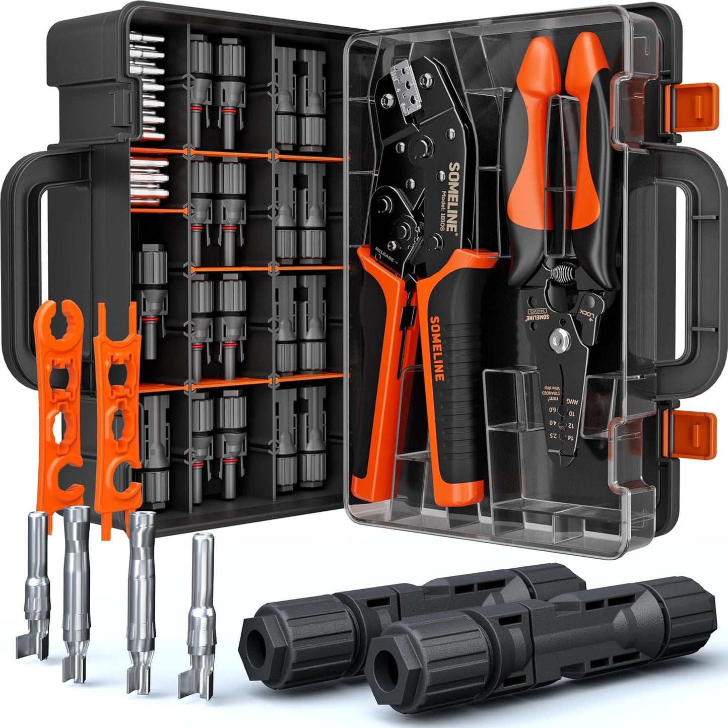 SOMELINE Solar Connector Crimping Tool Kit, 14-10 AWG Crimper for Solar Panel Cables Connectors, Toolbox Kit with 6 Pairs of Solar Connectors and Wrenches, Strippers, Crimpers and Cable Cutter