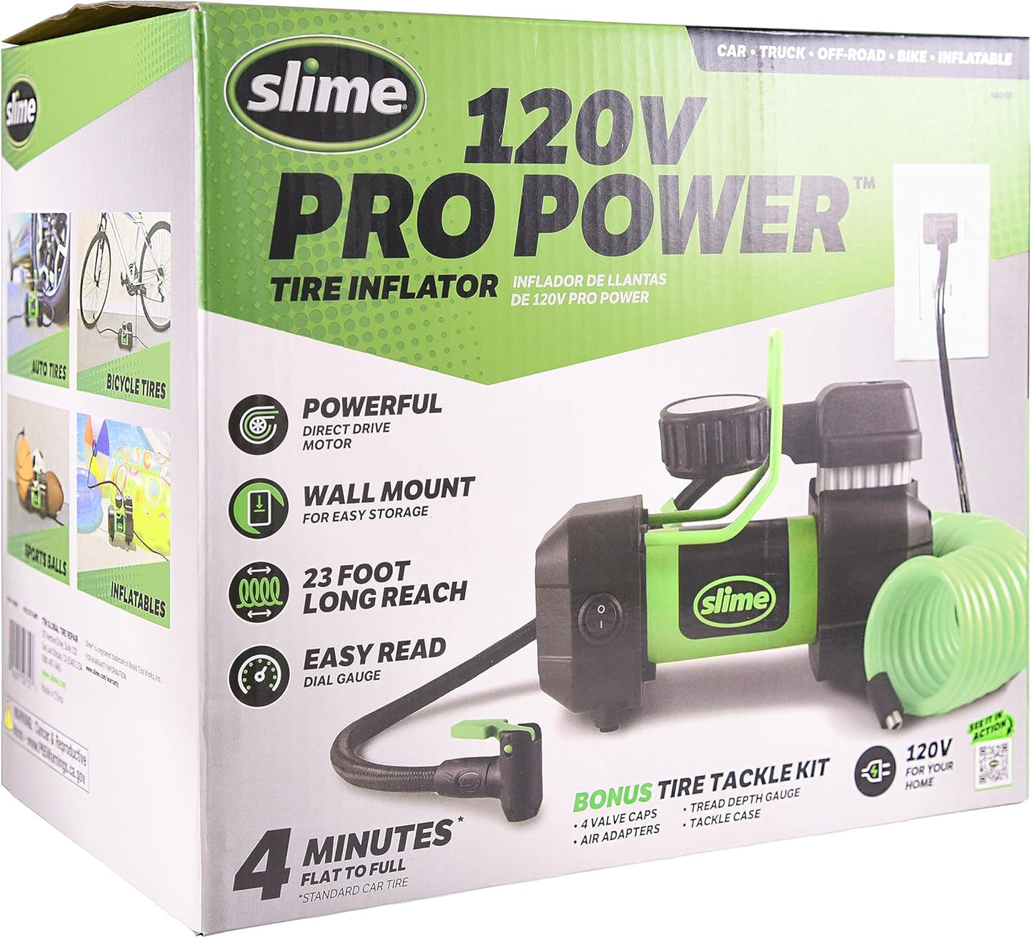 Slime 40045 Home Tire Inflator, Wall Mounted 120V, SUV, 4x4 Air Compressor, Heavy Duty, 2X Pro Power, with Analog 100 psi Dial Gauge, Long Hose and LED Light, 4 min Inflation