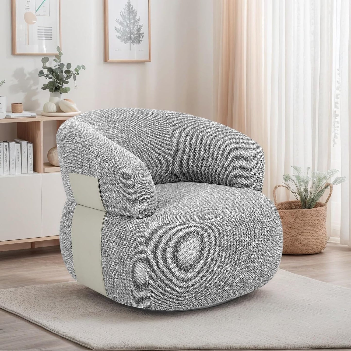 Swivel Barrel Accent Chairs-Modern Round Club Arm Chair Upholstered Living Room Armchair, Single Sofa Seating Bedroom Side Reading Seat for Living Roon Office (Beige,1 Pack)