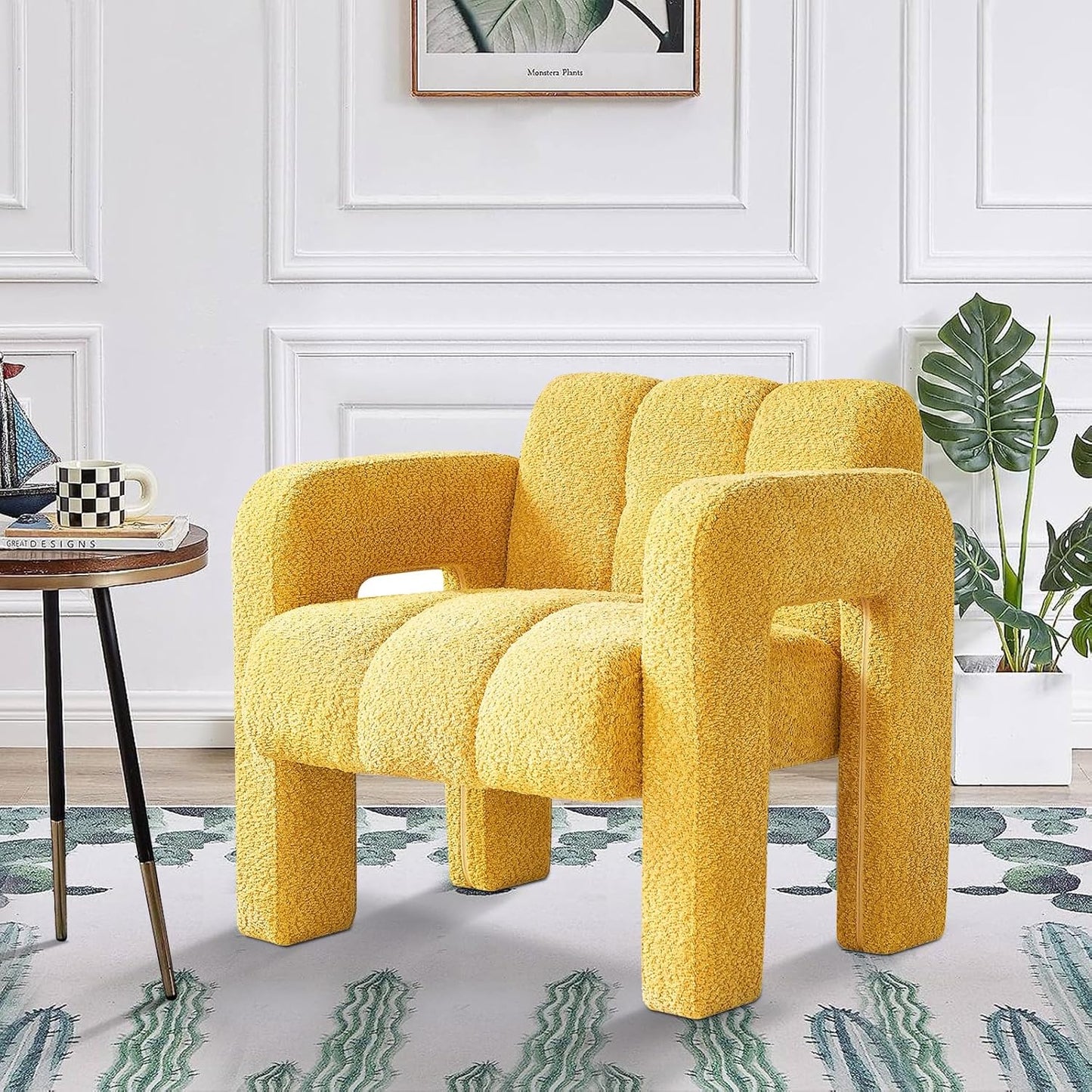 31" Boucle Accent Chair, Contemporary Designed Armchair,Upholstered Vanity Chair, Leisure Lounge Chair Reading Side Chairs for Living Room, Bedrooms, Office, Yellow