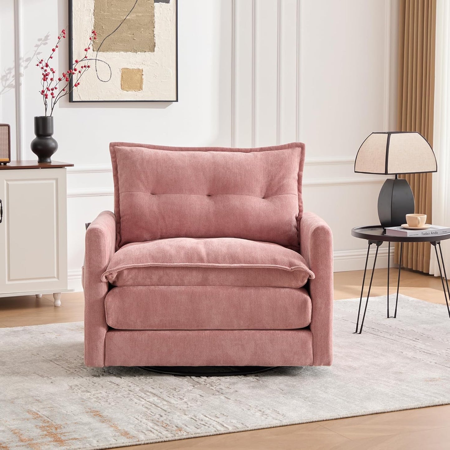 Swivel Accent Chair, 360° Rotating Square Arm Chair, Modern Accent Chair with Solid Metal Base, Chenille Comfy Upholstered Single Sofa for Living Room Bedroom Office (Gray)