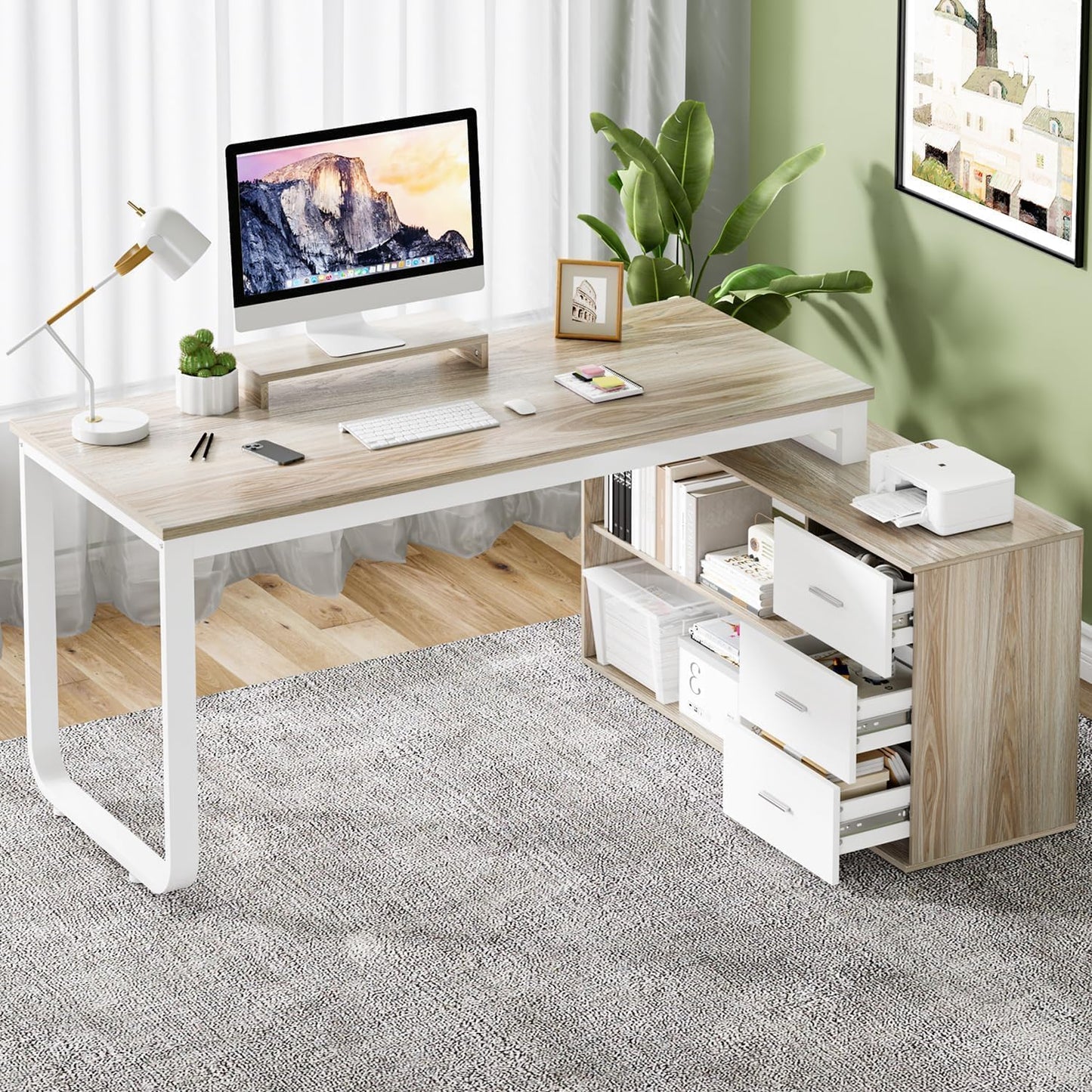 55 Inch Reversible L Shaped Computer Desk with 3 Drawers, Corner Desk with Storage Shelves and Removable Monitor Stand, White and Walnut