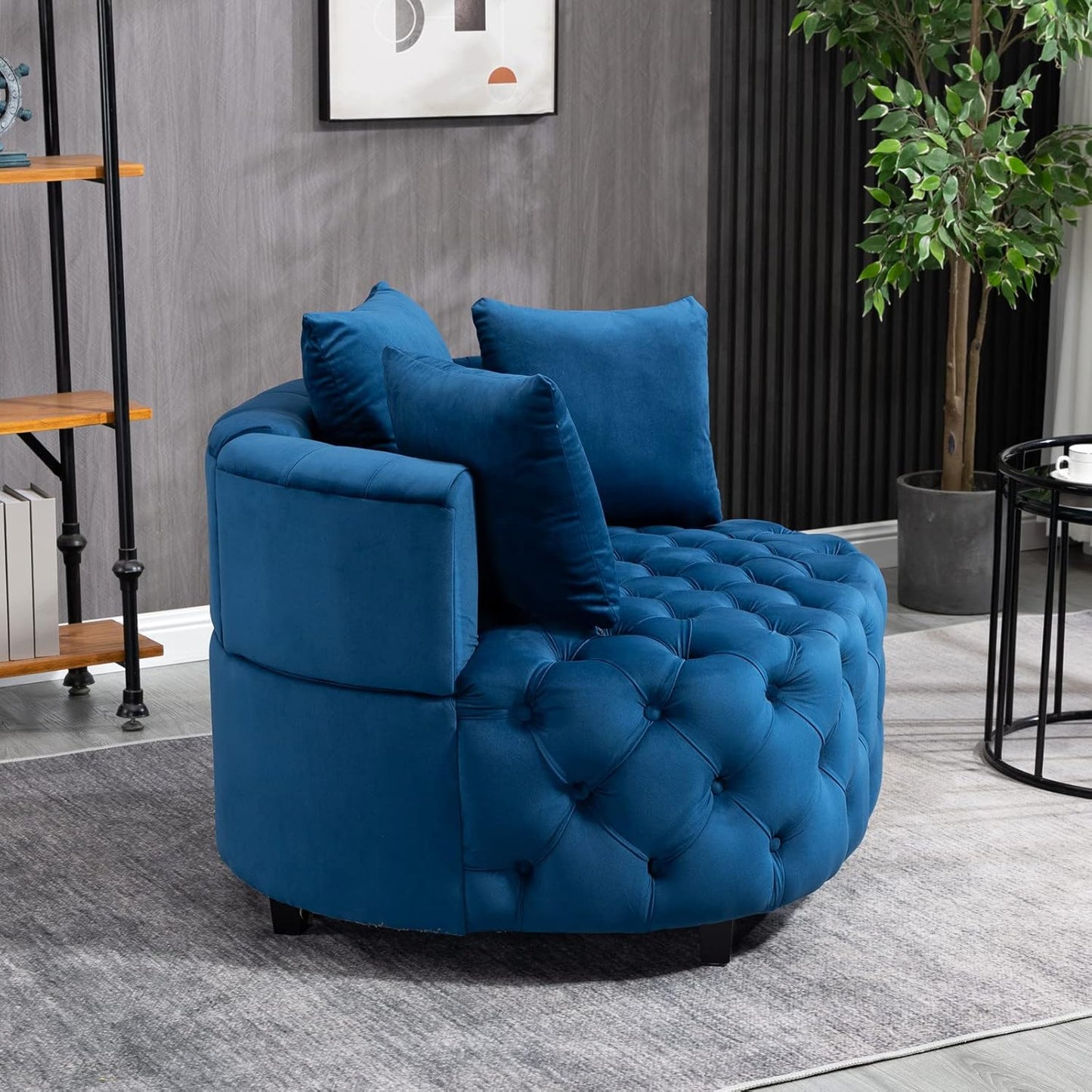 Velvet Accent Chair, Tufted Upholstered Barrel Chair Lounge Chair with 3 Movable Pillows and Solid Wood Legs, Oversized Round Sofa Chair Reading Chair for Living Room Bedroom Hotel Office, Blue