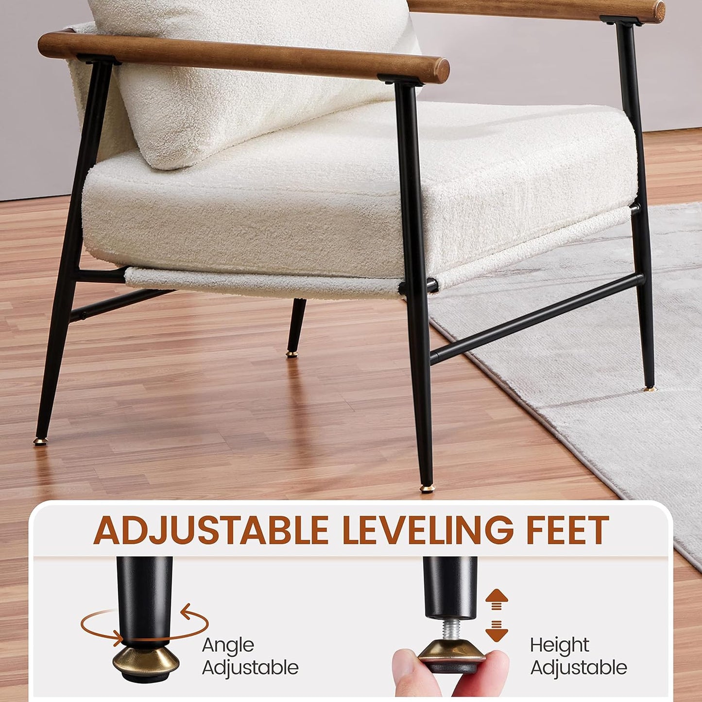 Topeakmart Mid-Century Boucle Accent Chair, Reading Chair with Stylish Boucle Fabric, Lounge Chair with Ultra-Long Armrest and Extra-Wide Seat for Living Room Lounge Office, Ivory, 2PCS