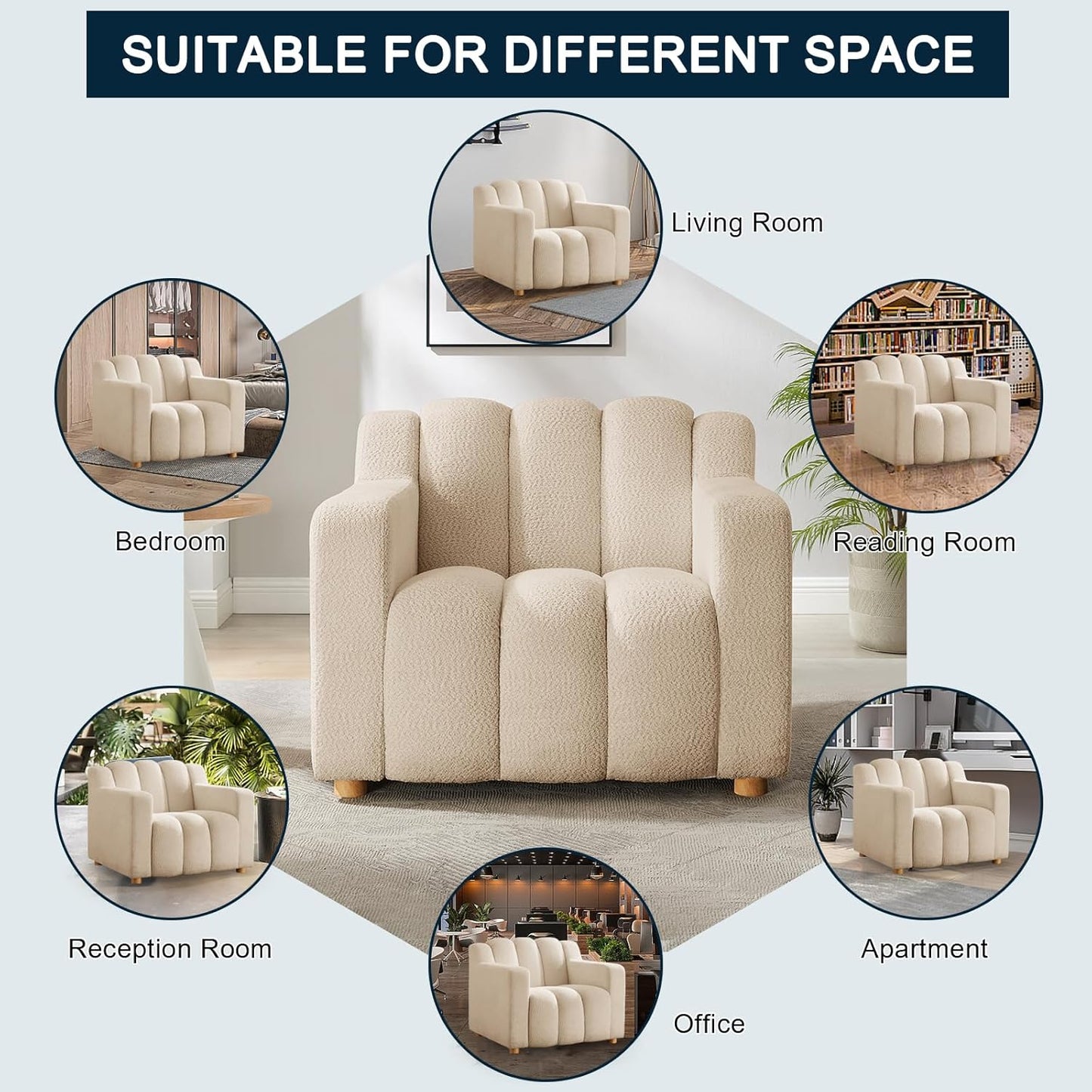40" W Oversized Accent Chairs, Modern Boucle Armchair with Deep Seat and Wide Arms, Comfy Sherpa Fabric Single Sofa Reading Chair for Living Room, Bedroom, Book Nook, Beige