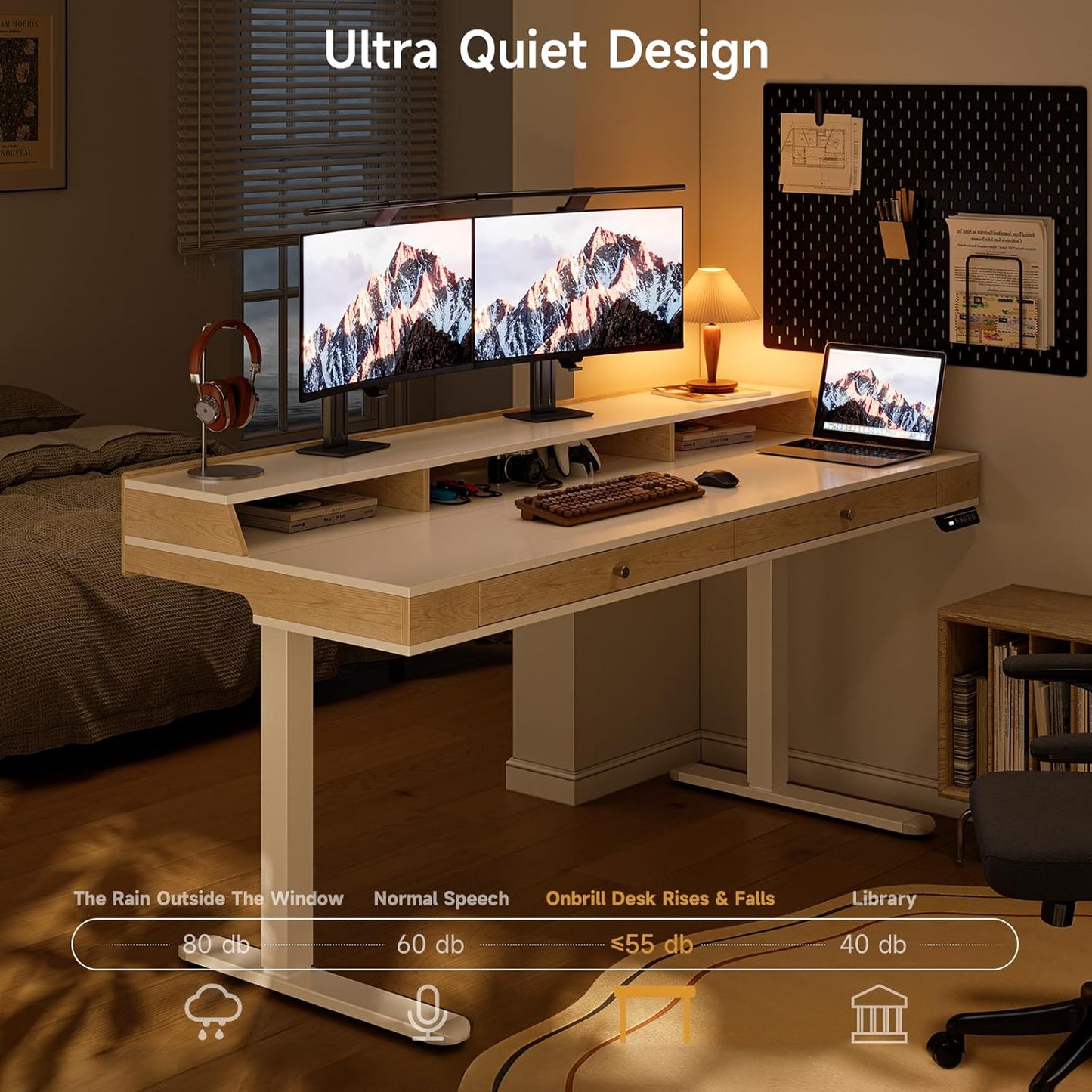 Standing Desk with Drawers, 63x23.6 Inch Electric Stand Up Desk with Storage Shelf and Memory Controller, Sit Stand Desk Adjustable Height from 28-46 Inch for Computer Workstation, White