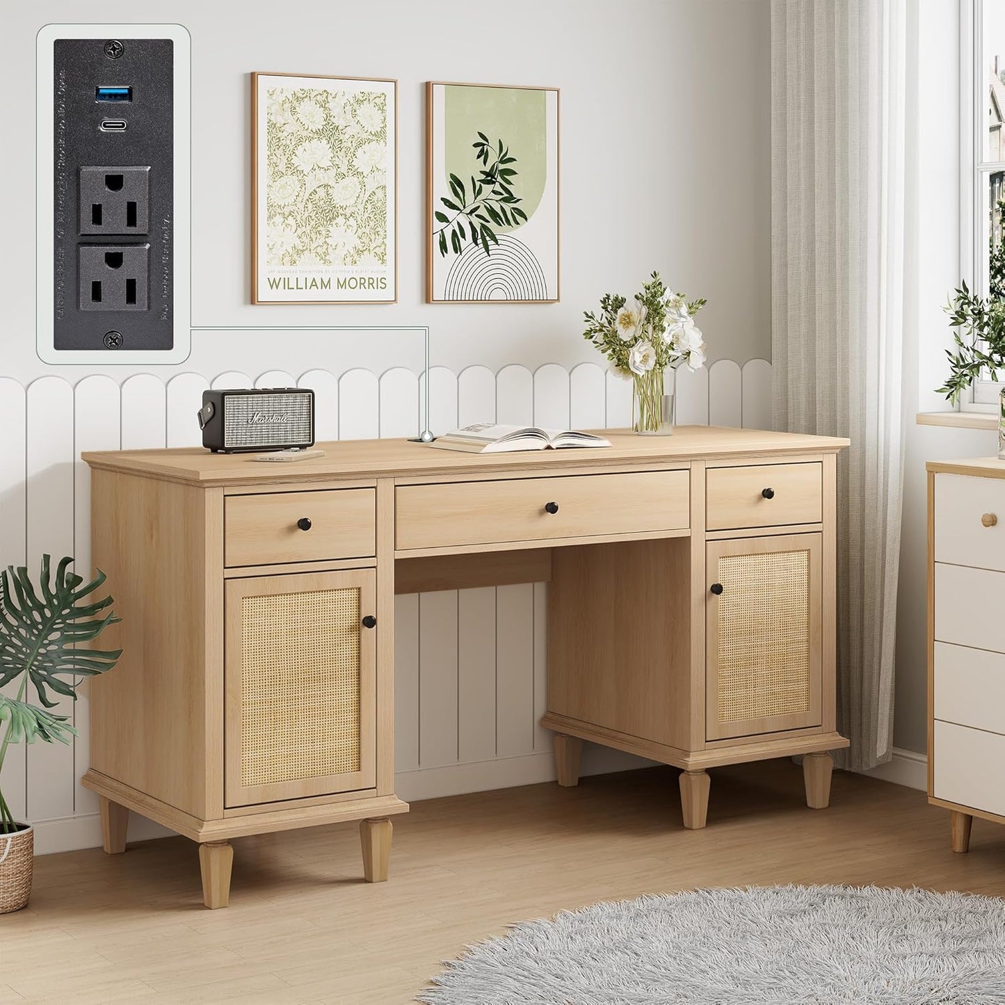 Yechen 58" Modern Executive Desk with Natural Rattan Door, Boho Writing Desk with 3 Drawers & 2 Cabinet for Study, Work, Computer, Natural Oak