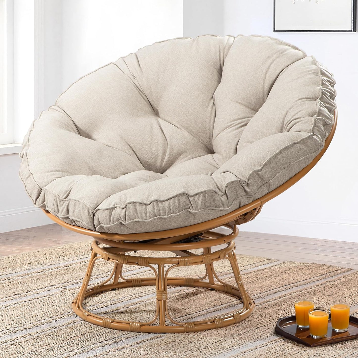 41" Papasan Chair with Cushion and 360 Degree Swivel Base, Papasan Lounge Chair with Cushion and Sturdy Frame, Large Saucer Chair, Circle Chair, Round Chair, Bronze/Beige