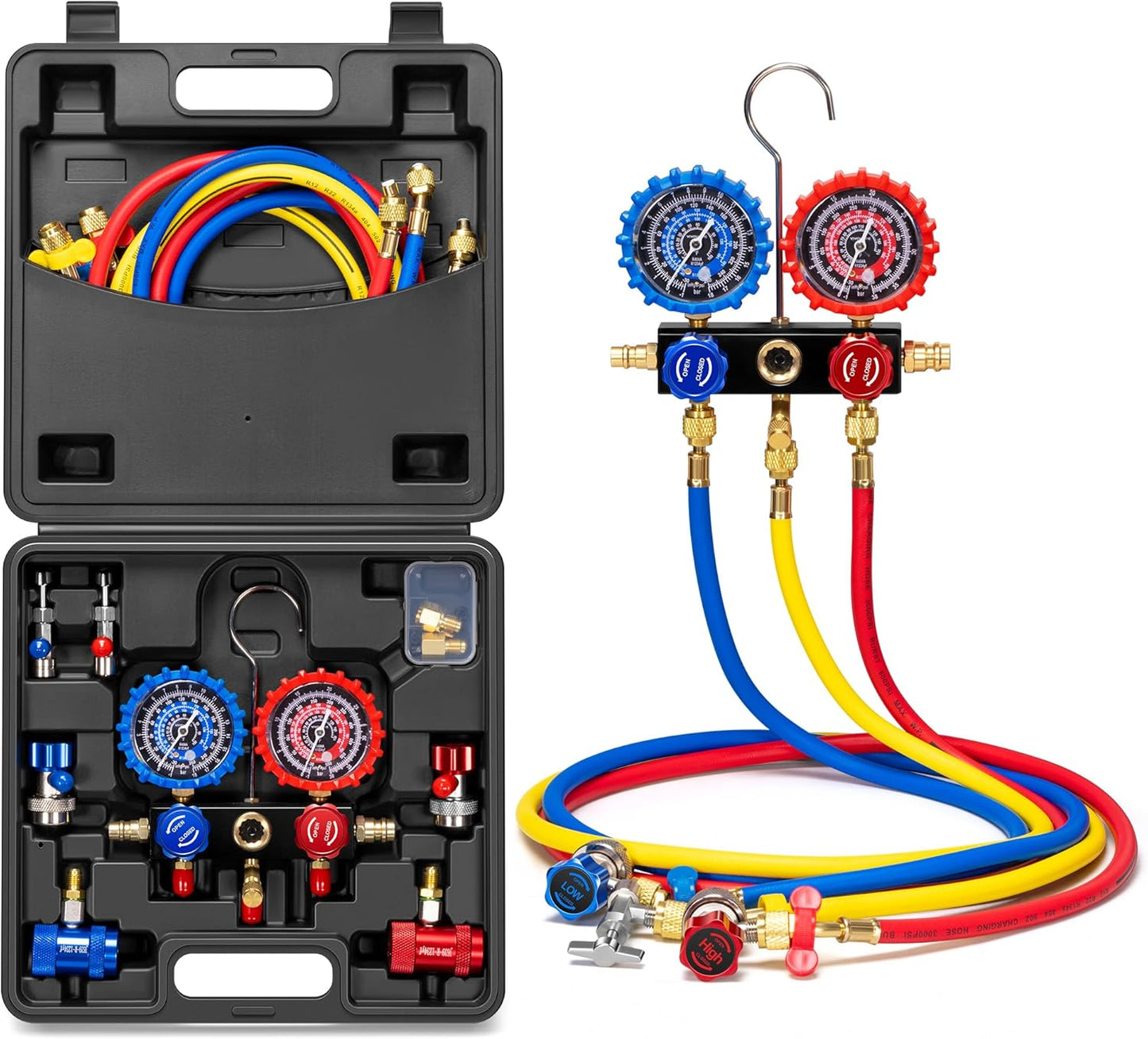 VIVOHOME HVAC Manifold Gauge Set with R134a R1234yf Quick Couplers and Can Taps, Automotive AC Gauges with 3 Hoses for Car Freon Charging and Evacuation