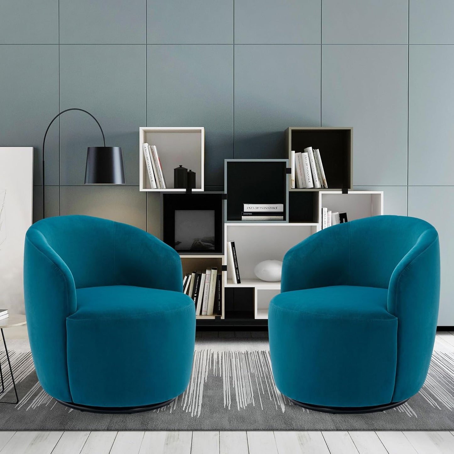 Swivel Accent Chairs Set of 2, Modern Round Vanity Chair for Living Room, Comfy Velvet Barrel Armchair, Small Single Sofa, Blue