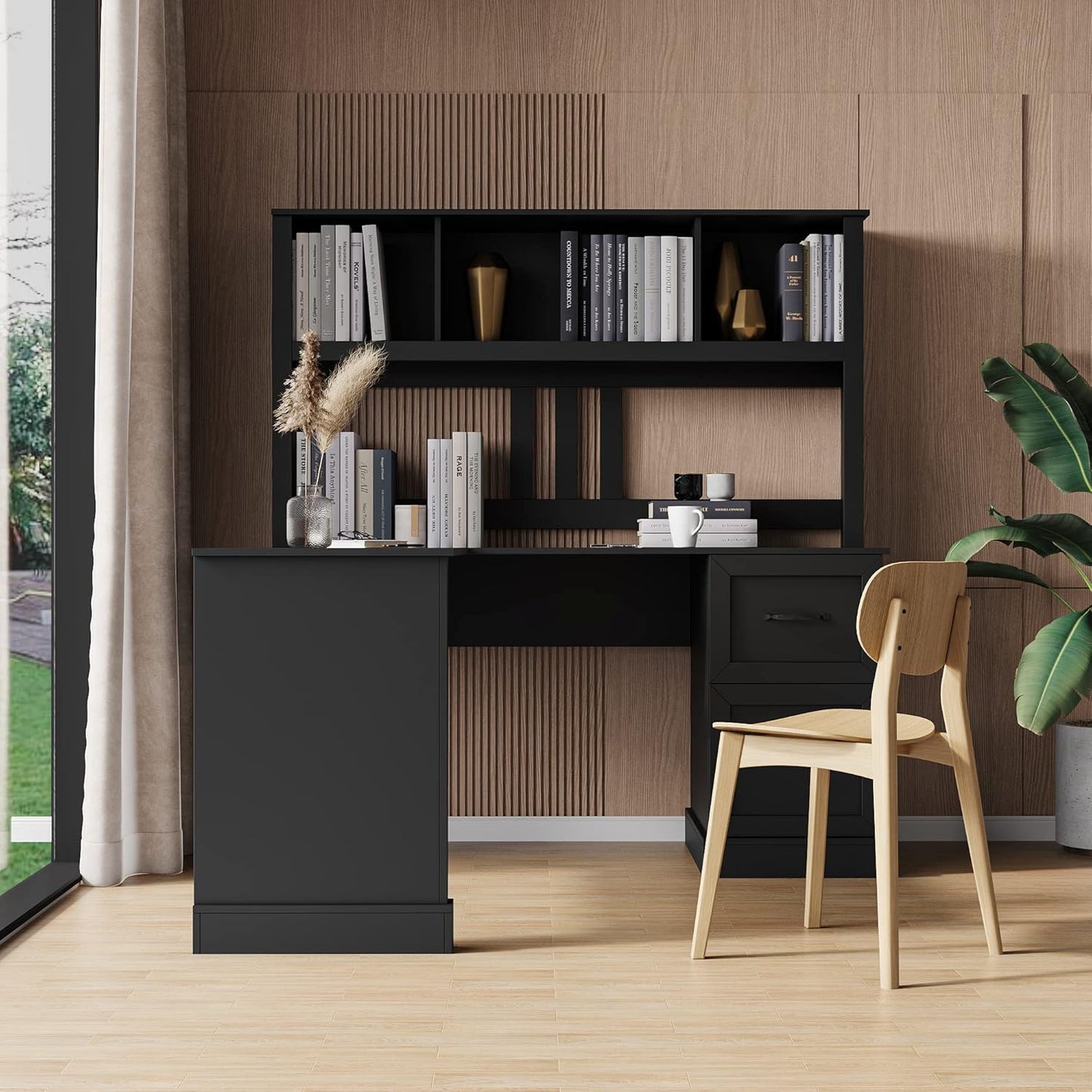 Bellemave L Shaped Desk with Hutch Wood Corner Computer Desk with Storage Drawers and Shelf Modern Home Office Desks L-Shaped Study Table Writing Desk Gaming Desk, Black