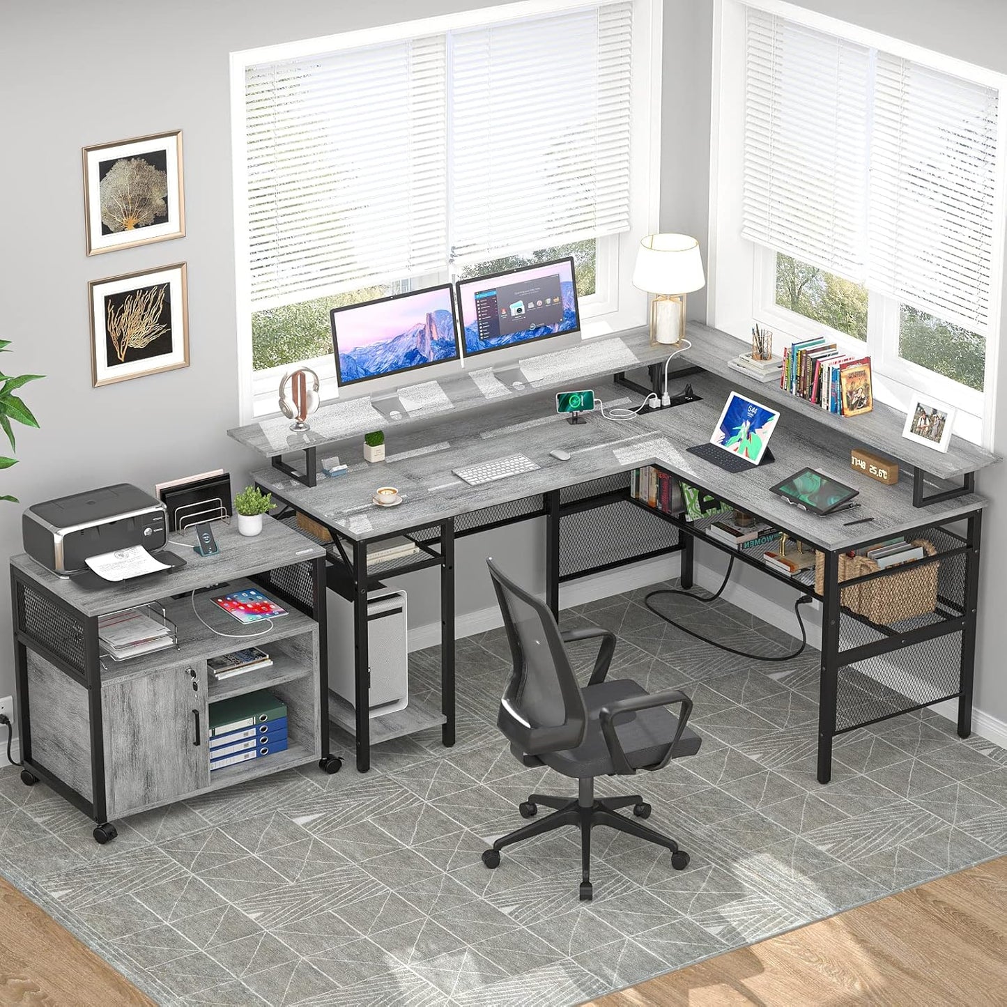 Unikito Reversible L Shaped Desk, Cool 55 Inch Corner Computer Desk with Smart Strip Light and Magic Power Outlet, Sturdy Office Table with Monitor Stand and Shelf, Elegant Grid Design, Light Walnut