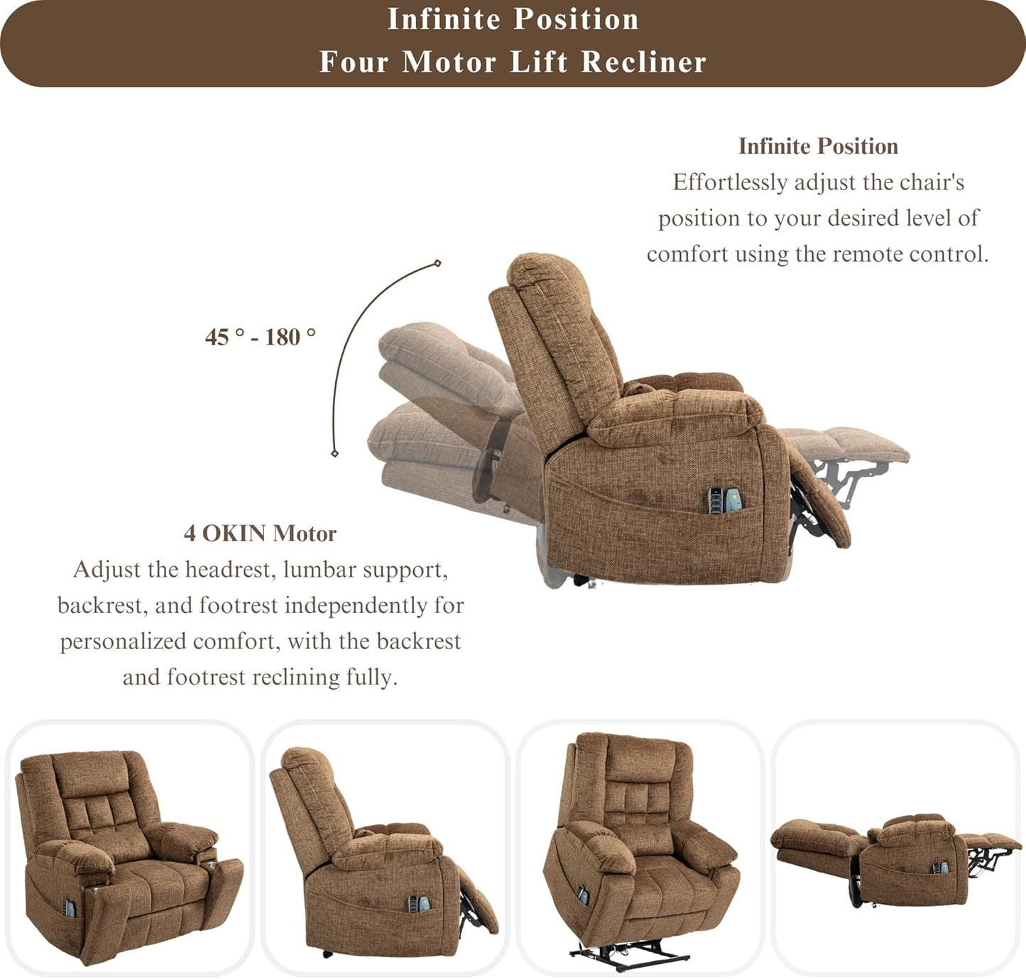 4-Motor Power Lift Chair with Heat & Massage - Power Adjustable Headrest, Backrest, Lumbar & Footrest - 27-inch Wide Seat Lay Flat Recliner, 8-Point Massage (Lumbar Heating)