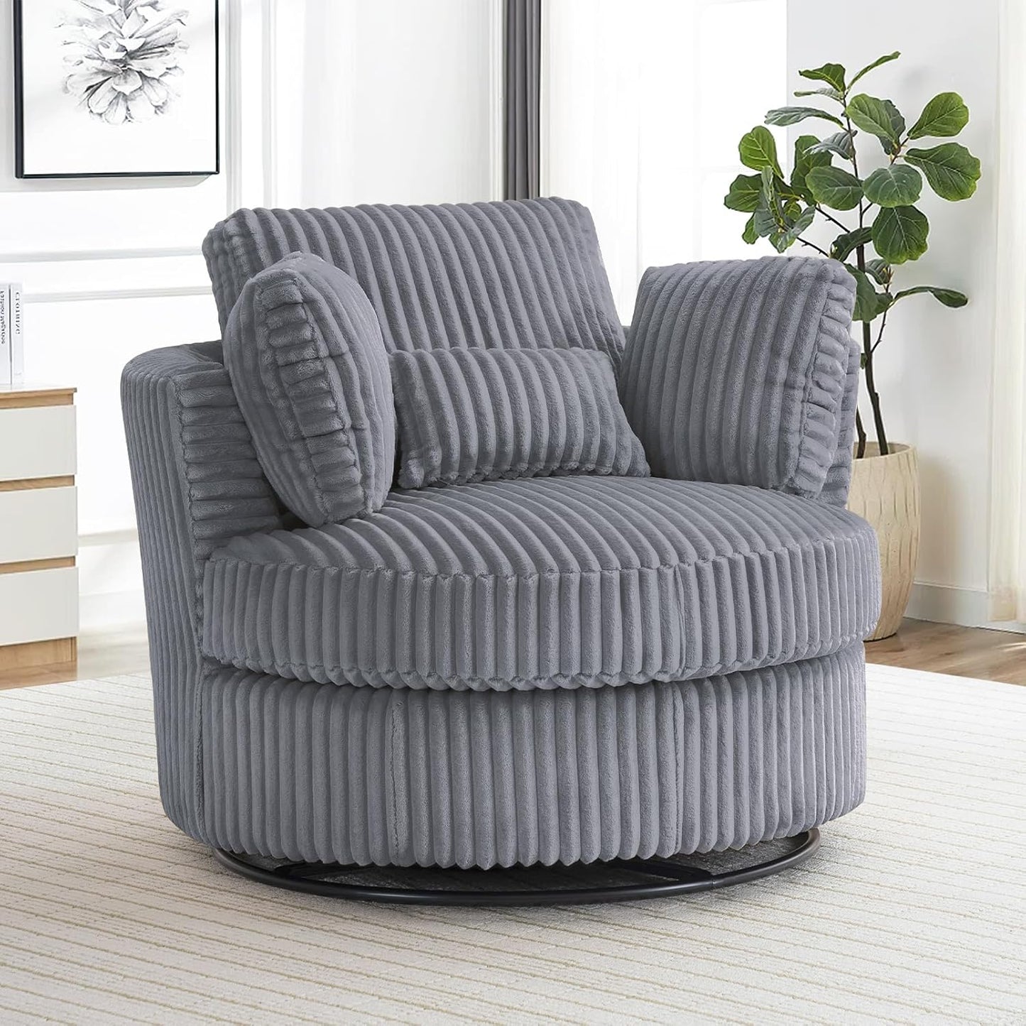 40" W Modern Grey Swivel Barrel Chair with 360° Round Metal Base & Plush Corduroy Pillows & Thick Cushion, Comfy Large Accent Chaise Longue for Living Room, Bedroom Club Reading Armchair (Gray)