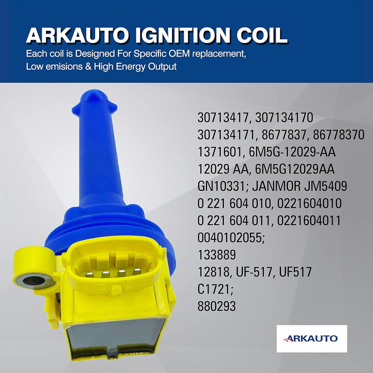 5PCS ARKAUTO HIGH PERFORMANCE IGNITION COIL ARK-IG517-Y UF517 UF-517 30713417 86778370 307134170 307134171 C1721 86778370 FOR VOLVO C30 C70 S40 S60 V50 V70 XC70 2.5T 2.4 2.4T L5