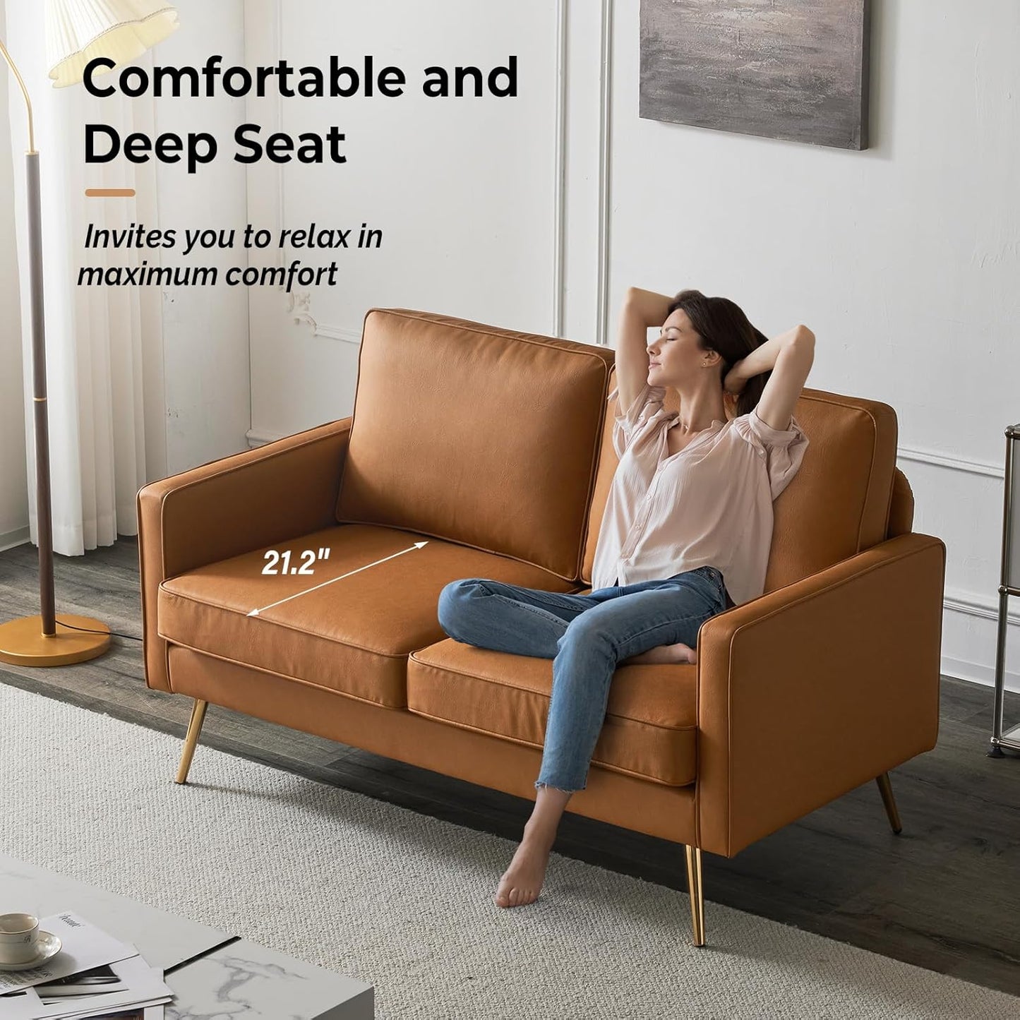 Bonnlo Modern Accent Chair, PU Leather Comfy Arm Chair Reading Chair with Golden Metal Legs and Deep Seat for Living Room Bedroom (Cognac, 56.7''W)