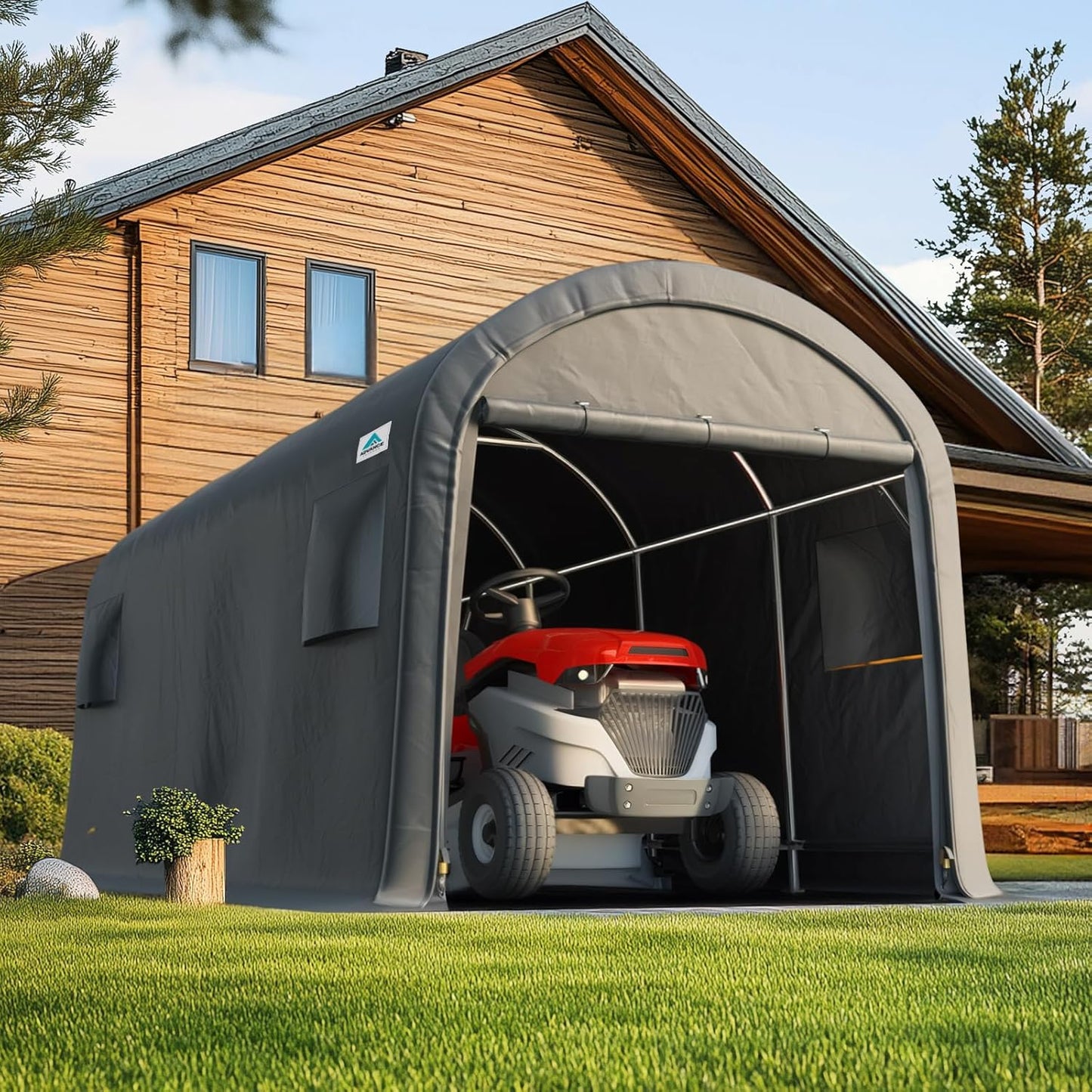 ADVANCE OUTDOOR 6x8 ft Shelter Storage Shed Steel Metal Round Peak Roof Portable Garage Carport for Motorcycle, Boat, or Garden Tools with 2 Roll up Doors & Vents, Gray