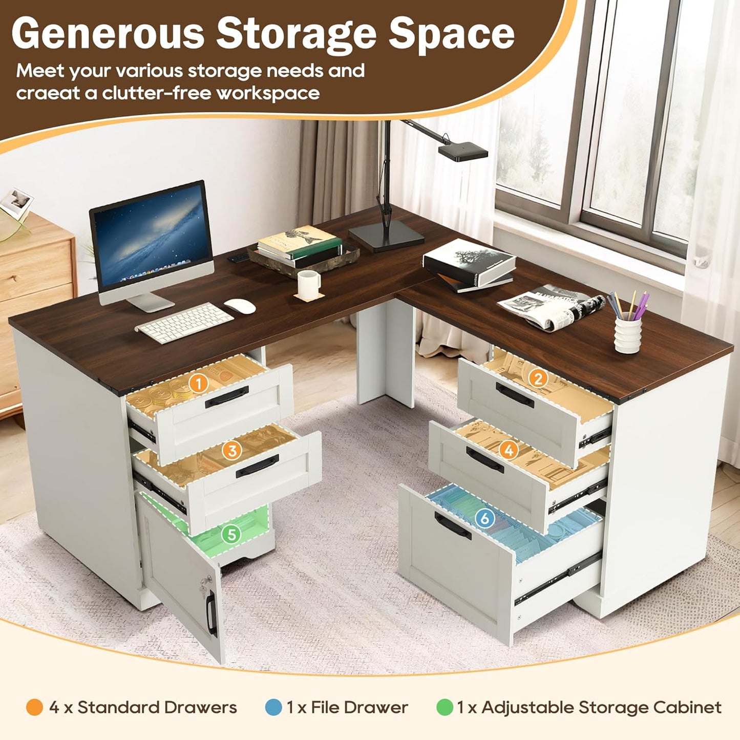 60" L Shaped Executive Desk with Drawers, Farmhouse Home Office Desk with Charging Station, Wood Computer Corner Desk with File Storage Cabinet for Home Office, Work and Study, White