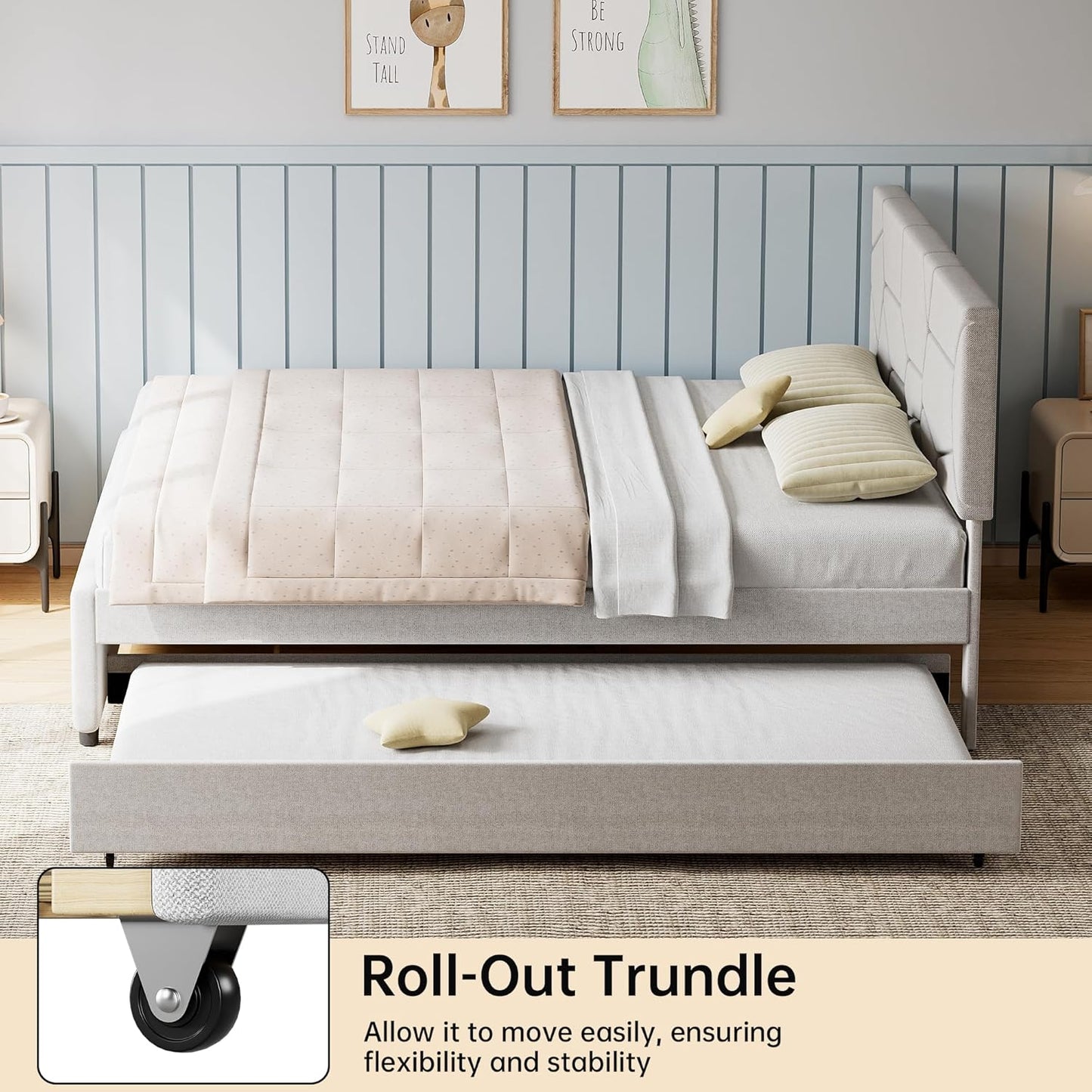 Trundle Bed Twin, Full Size Upholstered Platform Bed Frame, Pull Out Bed with Headboard, Wood Slat Support, for Bedroom, Living Room, Guest Room