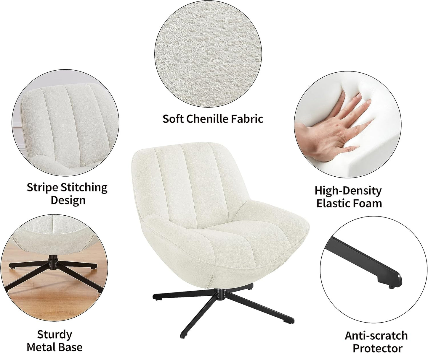 Art Leon Modern Swivel Accent Chair, Fabric upholstered Lounge Chair, Single Sofa Chair with Metal Legs, Comfy Reading Chair for Living Room Bedroom, Off White