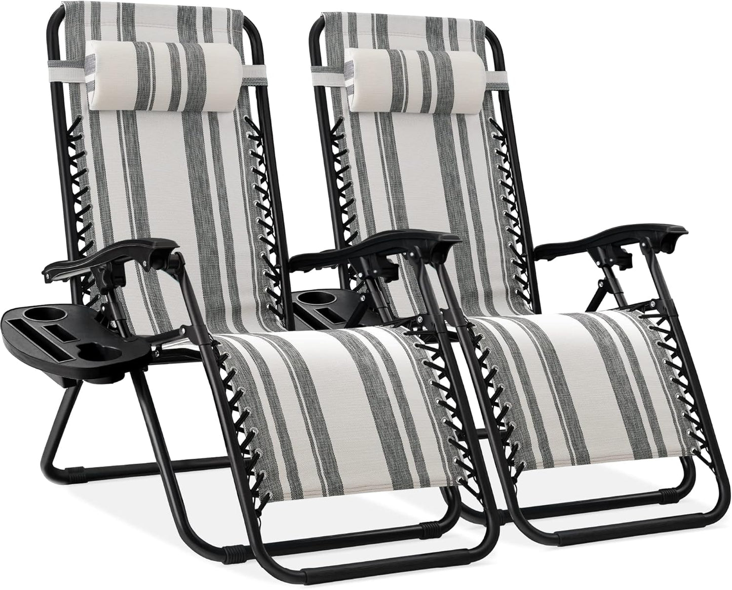 Best Choice Products Set of 2 Adjustable Steel Mesh Zero Gravity Lounge Chair Recliners w/Pillows and Cup Holder Trays - Black