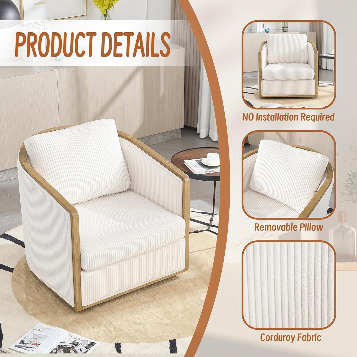 SZLIZCCC 360 Degree Swivel Barrel Chair, Round Accent Chair, Living Room Swivel Accent Sofa Chair, Club Lounge Armchair for Living Room Bedroom Office (Beige Corduroy)