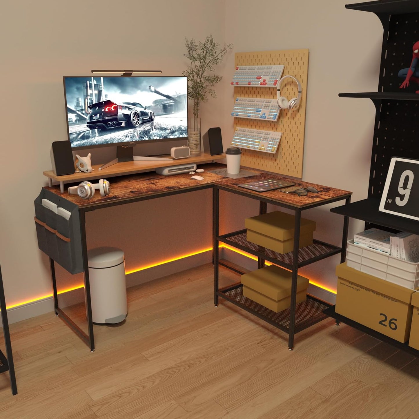 VECELO L Shaped Computer Desk with Storage Bag & Reversible Shelves, 47" PC Wooden Table for Home Office Bedroom, Writing Study Workstation with Metal Frame, Brown