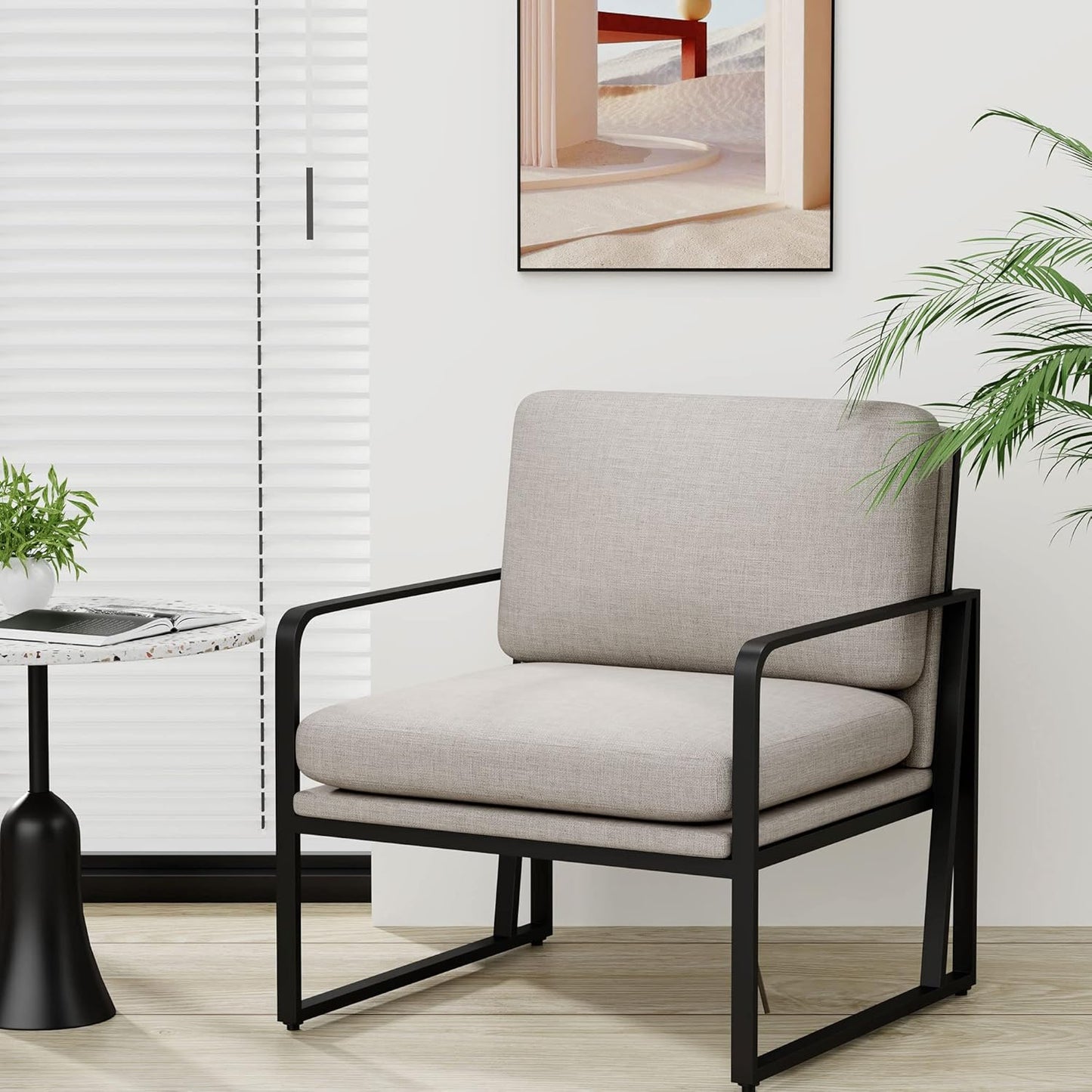 Andeworld Modern Accent Chair Set of 2, Mid Century Living Room Armchair,Upholstered Linen Sofa Side Chair with Metal Legs for Reading,Lounging,Bedroom Apartment, Light Grey 2