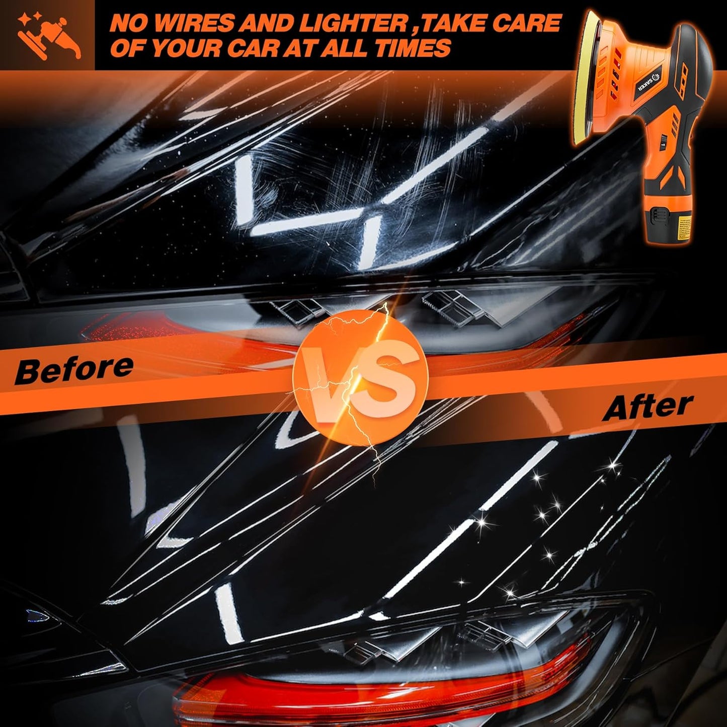 Saker Cordless Buffer Polisher, 6 Inch Fast Charging Portable Car Polishing Kit with 2PCS 12V 2000mAh Batteries, Polisher for Car Detailing Polishing Waxing (Orange, Buffer Polisher+2 Batteries+1 Bag)