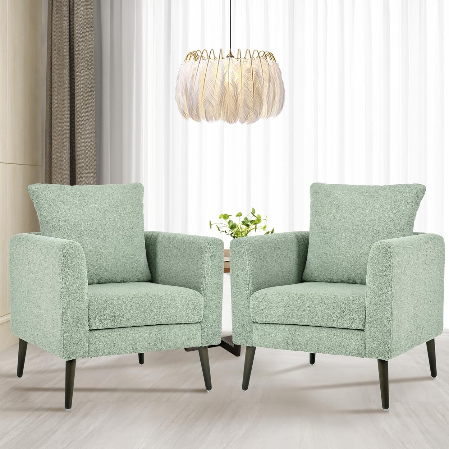 Accent Chair Set of 2, Upholstered Armchair with Pillow, Fabric Single Sofa Chair with Lounge Seat and Wood Legs Accent Chair for Living Room Small Spaces (Grey, Set of 2)